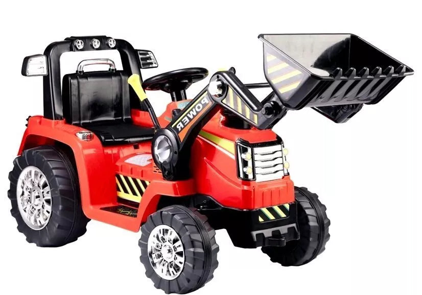 Vaikiškas traktorius, 12V, su kaušu ir priekaba, 30 kg apkrova, raudonas