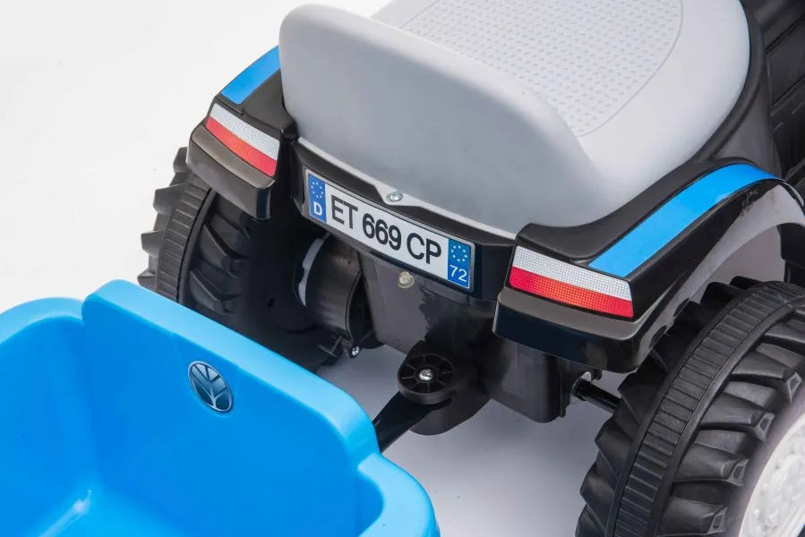 Vaikiškas traktorius New Holland su priekaba, 6 V, mėlynas