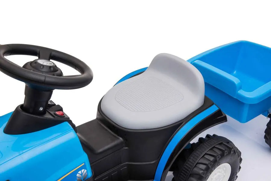Vaikiškas traktorius New Holland su priekaba, 6 V, mėlynas
