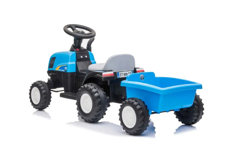 Vaikiškas traktorius New Holland su priekaba, 6 V, mėlynas