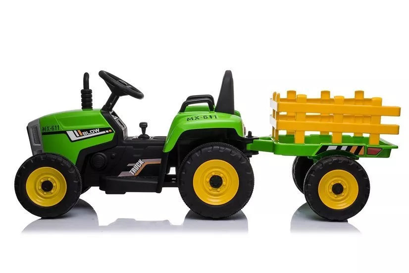 Vaikiškas traktorius su priekaba, 12V, 2 varikliai, 35 kg apkrova, baltas