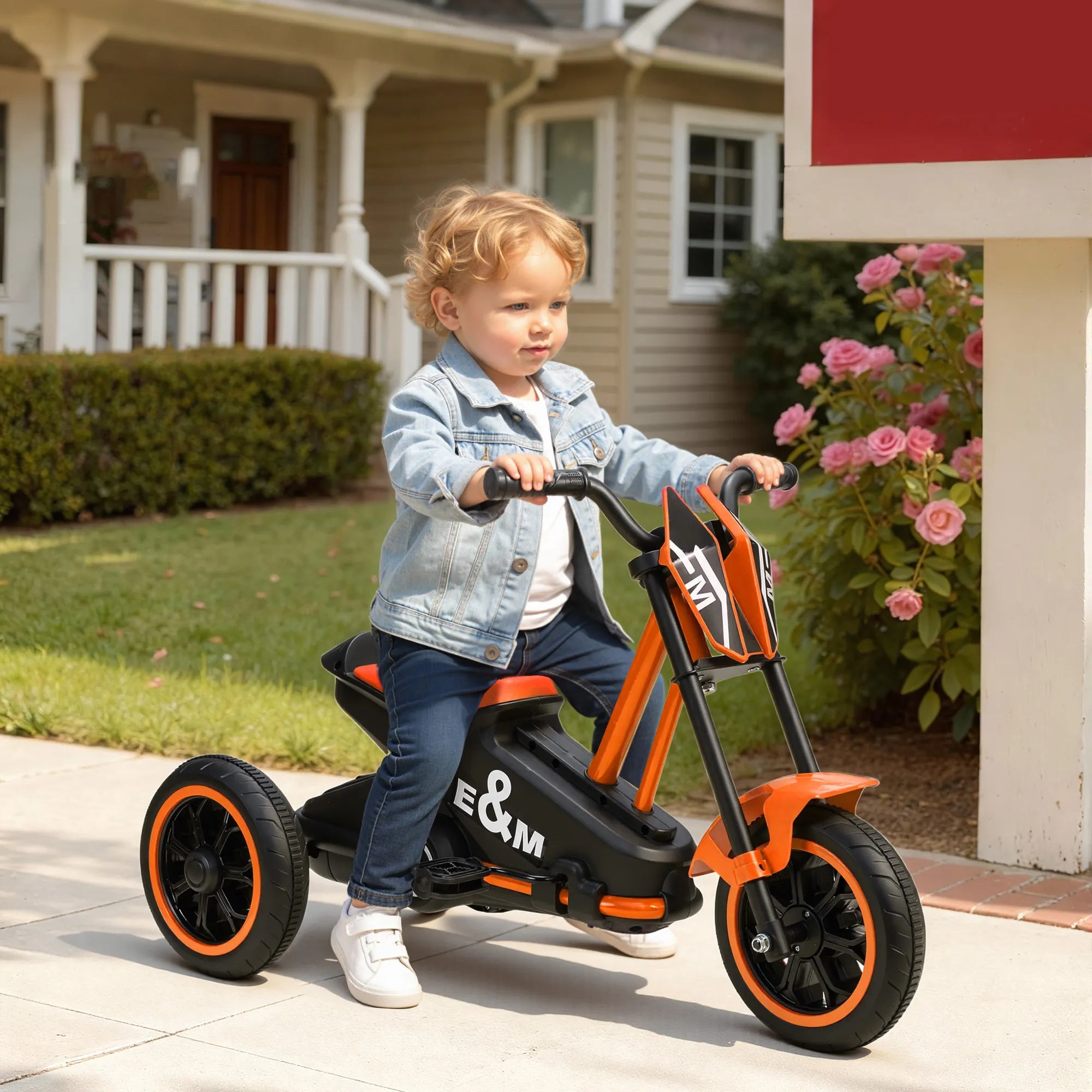 Vaikiškas triratis motociklas su pedalais, vaikams nuo 18 mėn., oranžinis