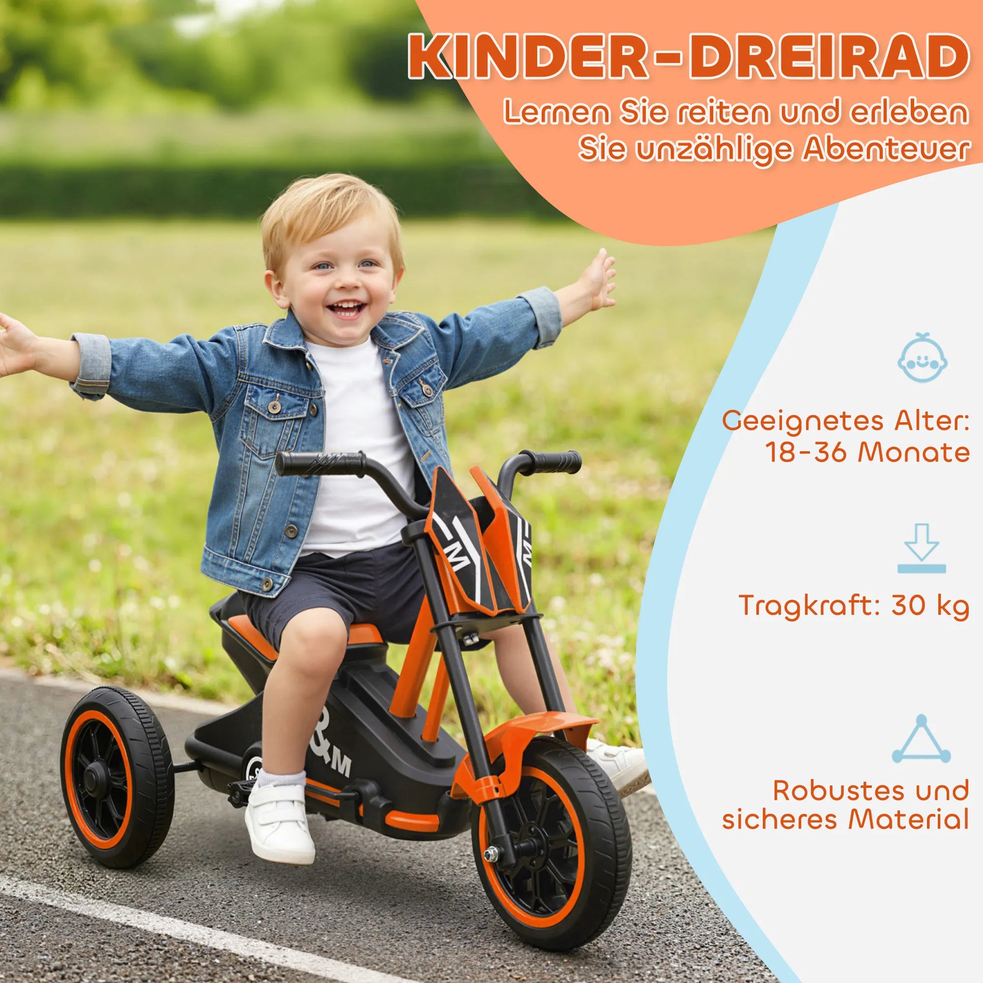 Vaikiškas triratis motociklas su pedalais, vaikams nuo 18 mėn., oranžinis