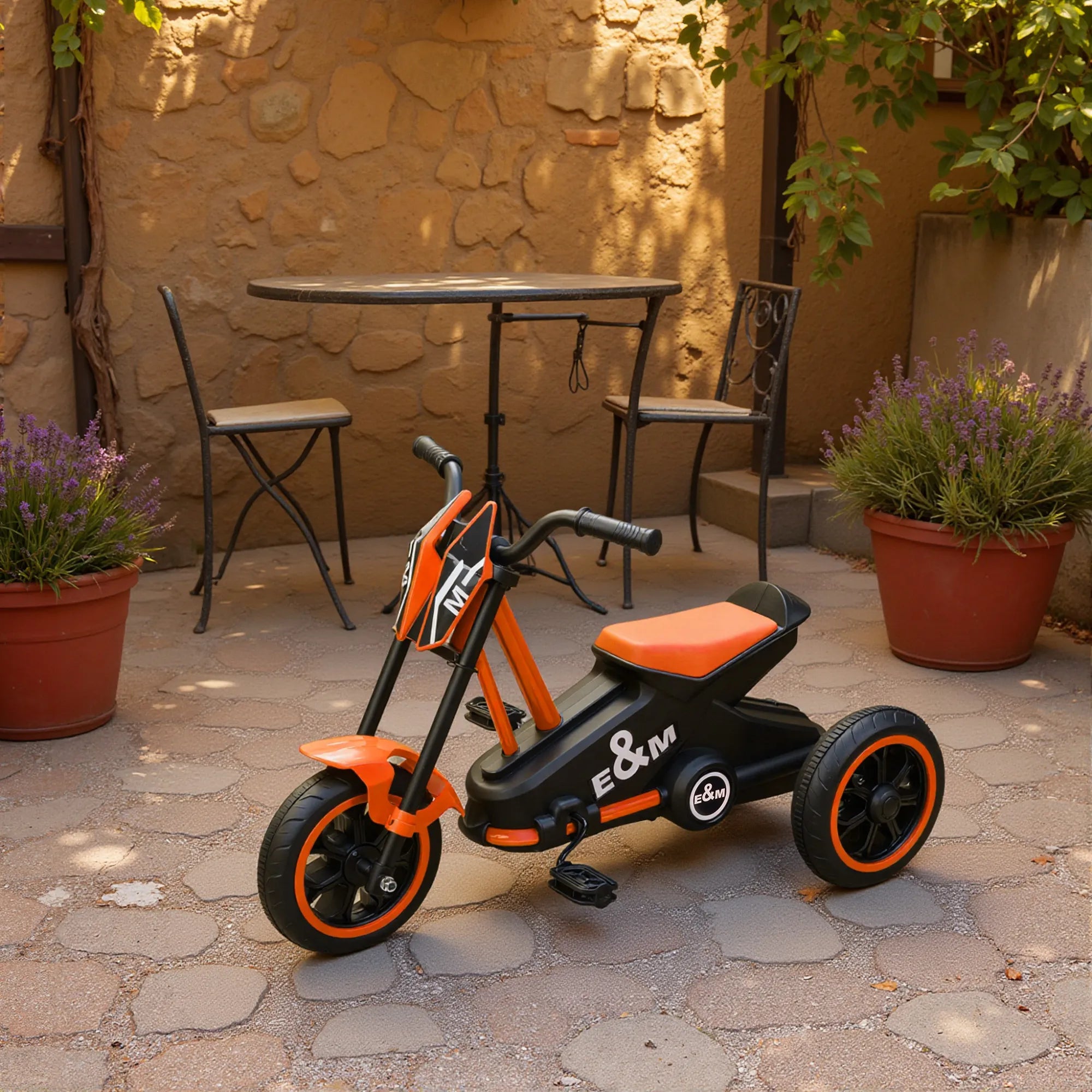Vaikiškas triratis motociklas su pedalais, vaikams nuo 18 mėn., oranžinis
