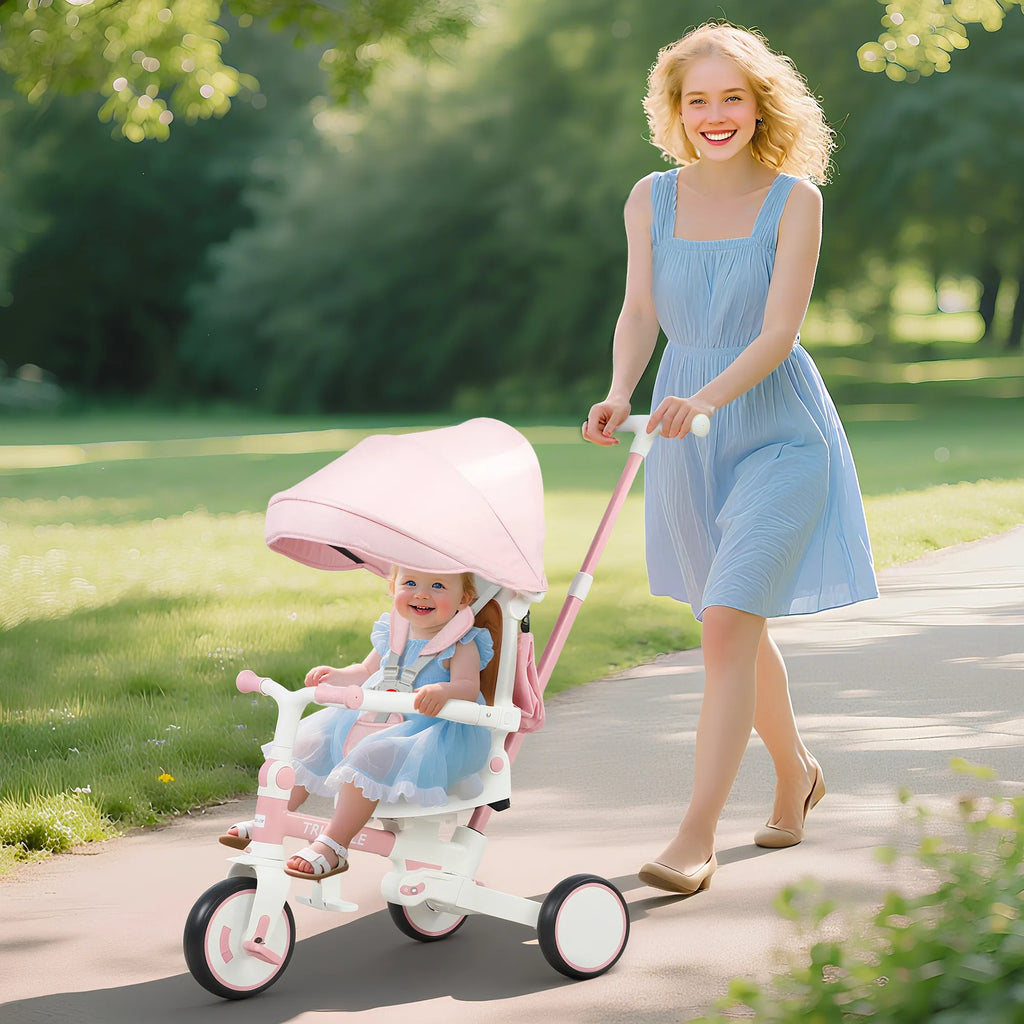 Vaikiškas triratukas 5-in-1, sulankstomas, 1–3 metų vaikams, rožinis