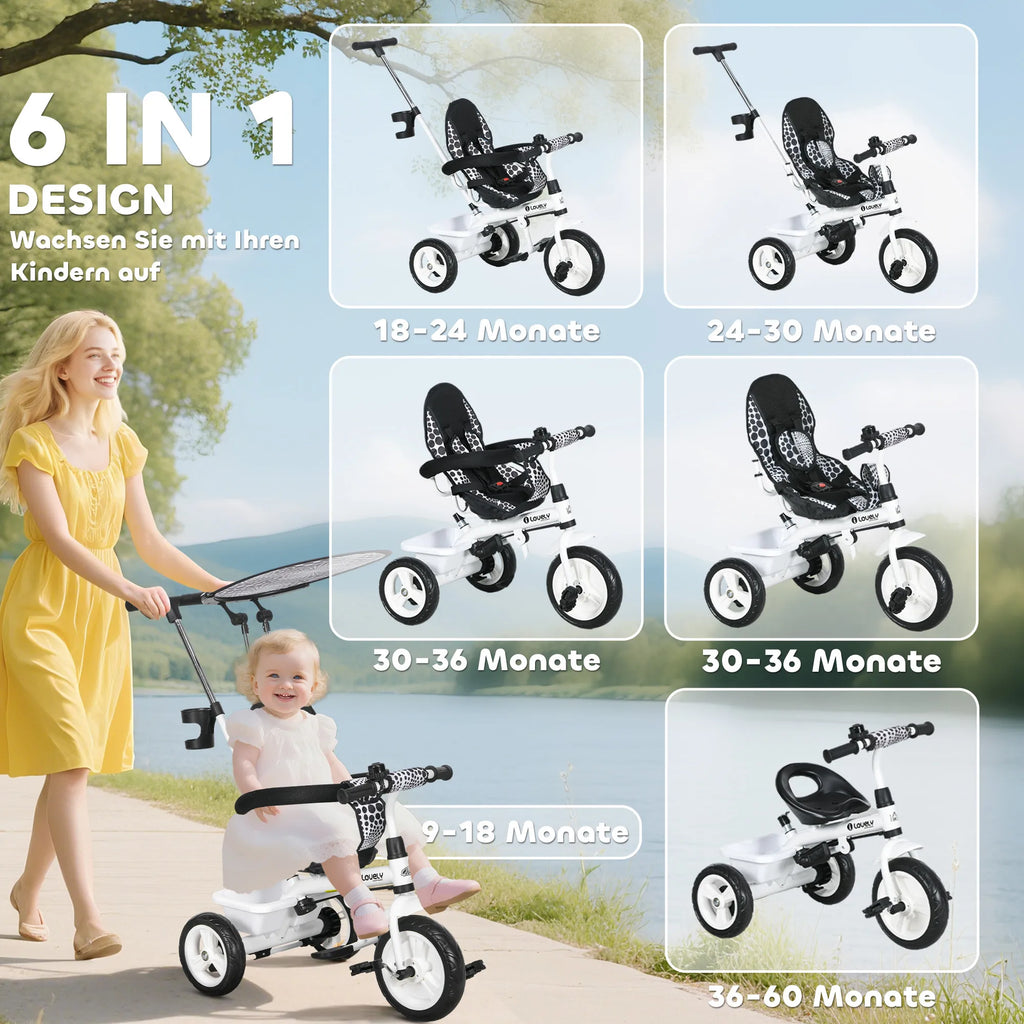 Vaikiškas triratukas 6-in-1 su stūmimo rankena, 1–5 metų vaikams, baltas