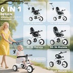 Vaikiškas triratukas 6-in-1 su stūmimo rankena, 1–5 metų vaikams, baltas