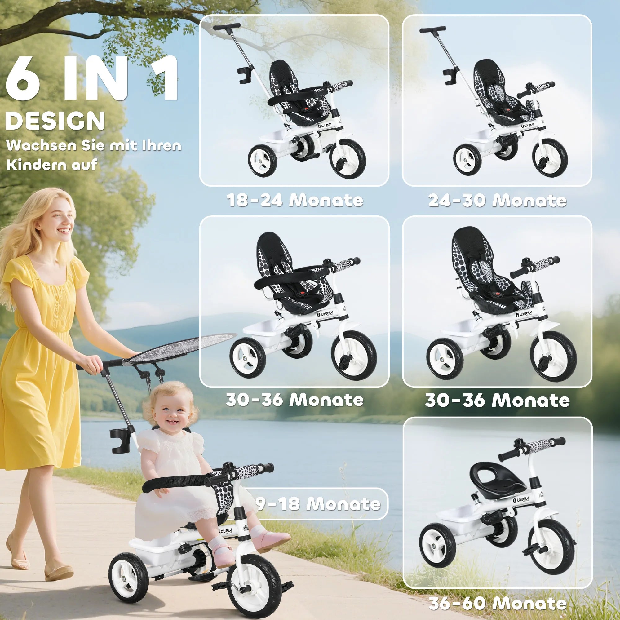 Vaikiškas triratukas 6-in-1 su stūmimo rankena, 1–5 metų vaikams, baltas