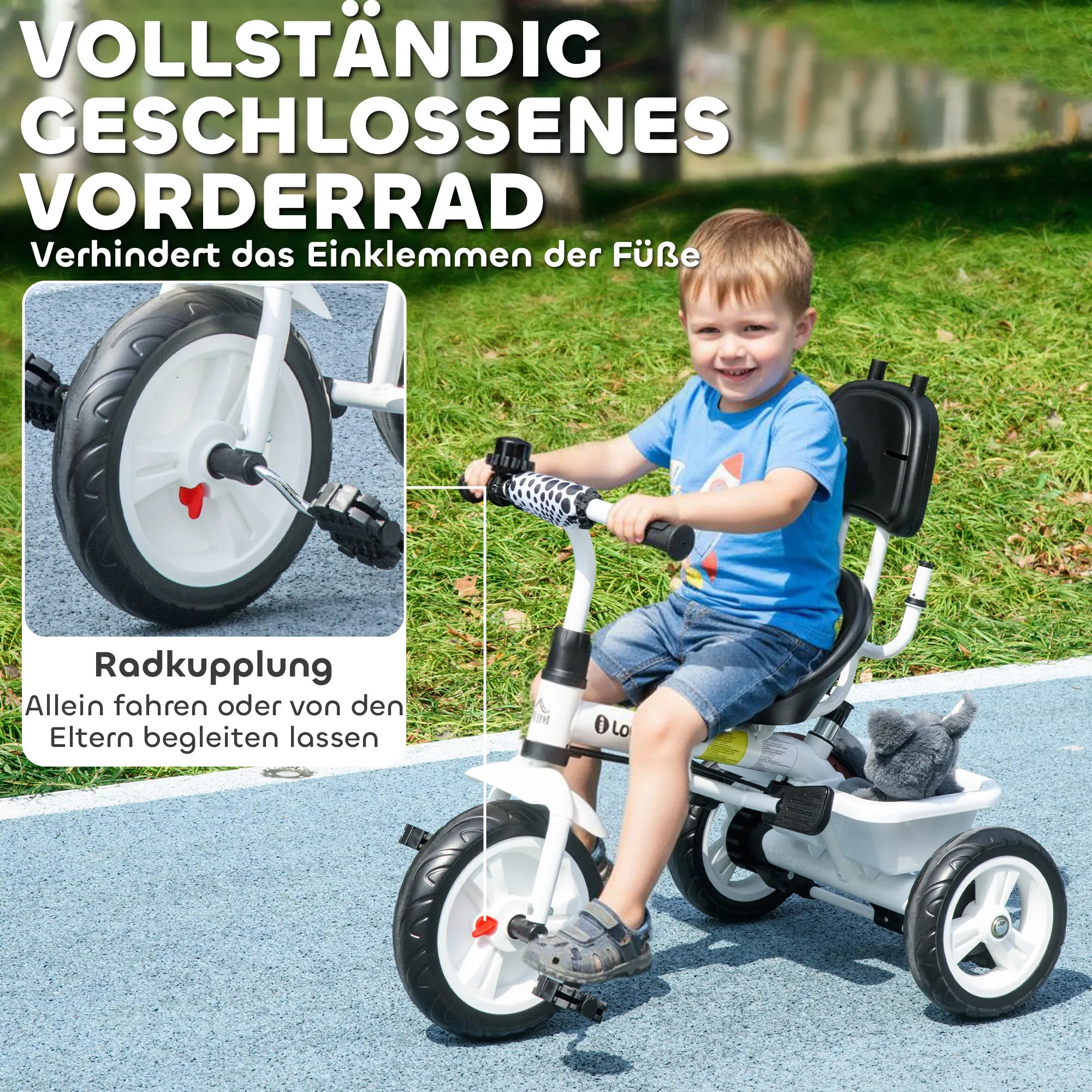 Vaikiškas triratukas 6-in-1 su stūmimo rankena, 1–5 metų vaikams, baltas
