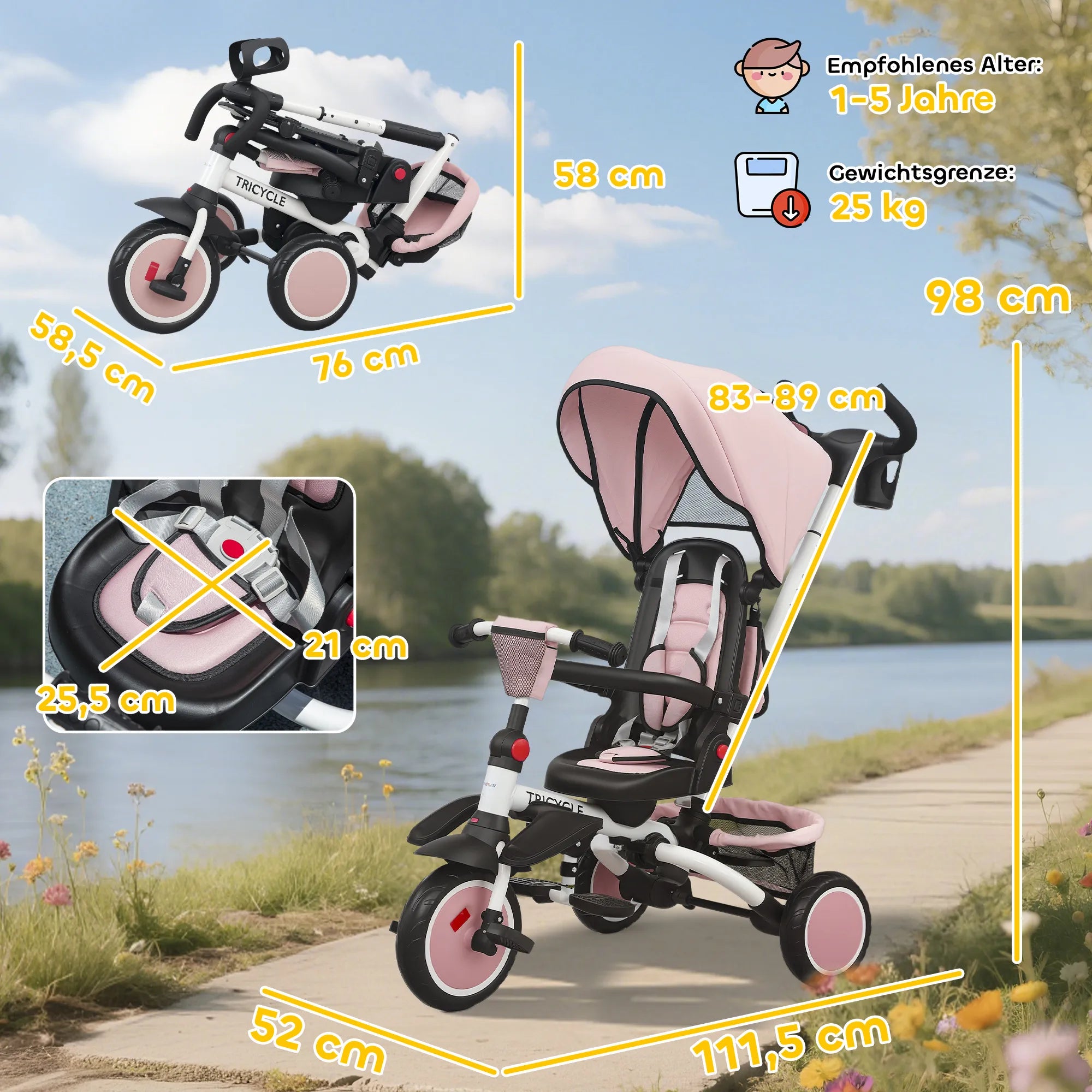 Vaikiškas triratukas 6-in-1 su stūmimo rankena, 12–60 mėn., rožinis