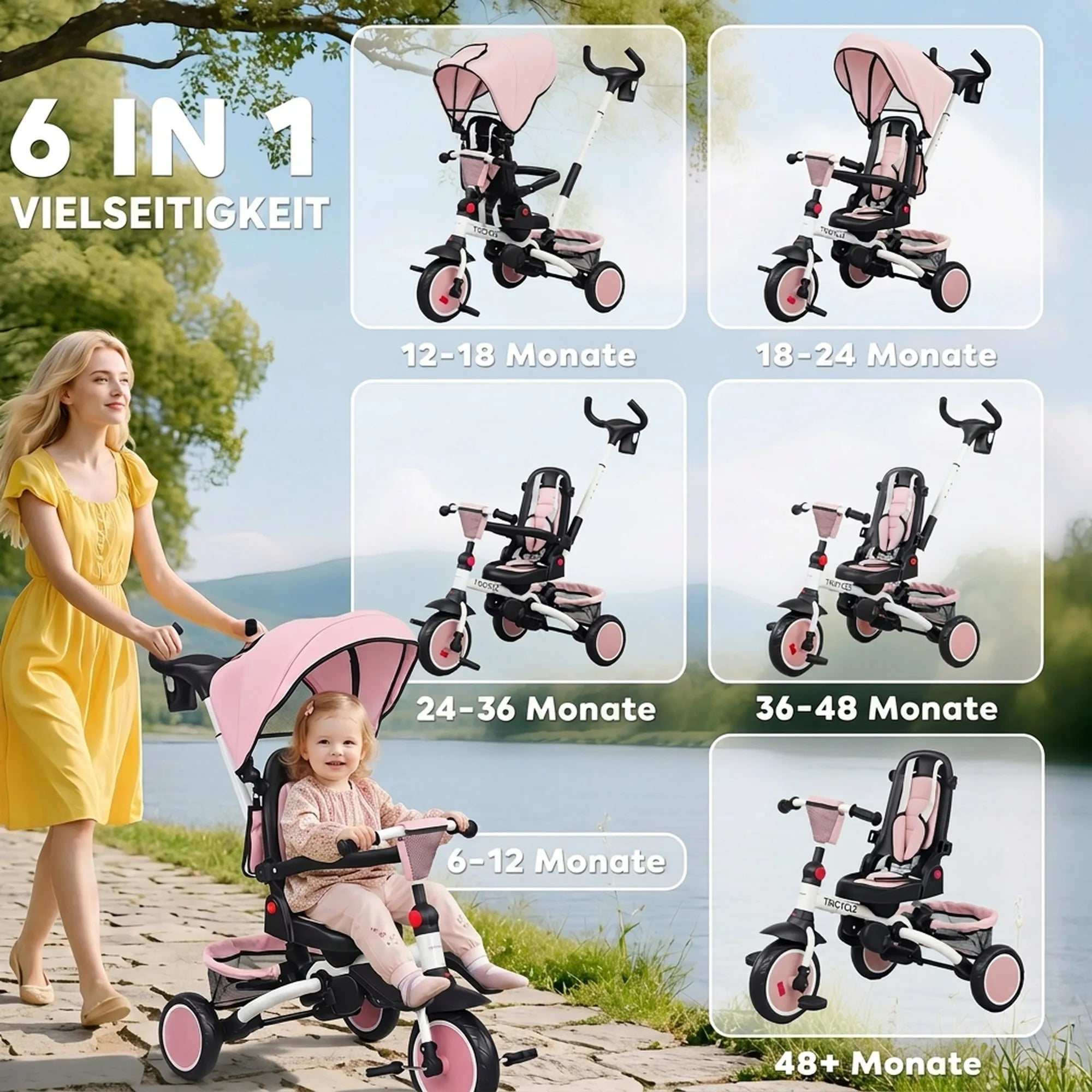 Vaikiškas triratukas 6-in-1 su stūmimo rankena, 12–60 mėn., rožinis