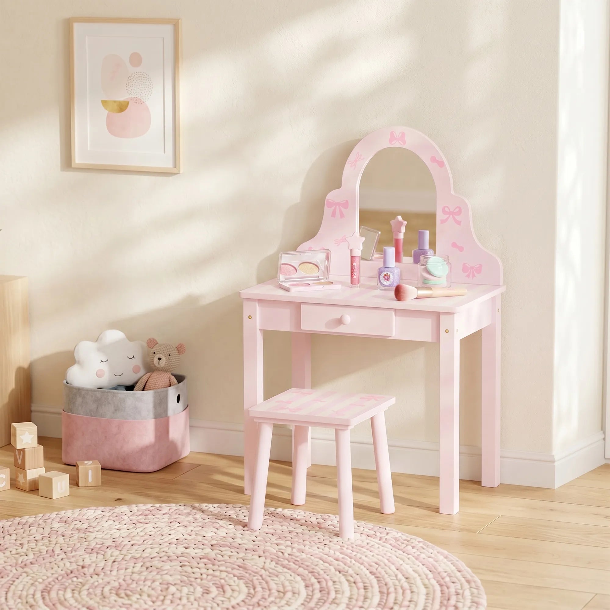 Vaikiškas tualetinis staliukas su kėdute 2-in-1, 3–6 metų vaikams, rožinis