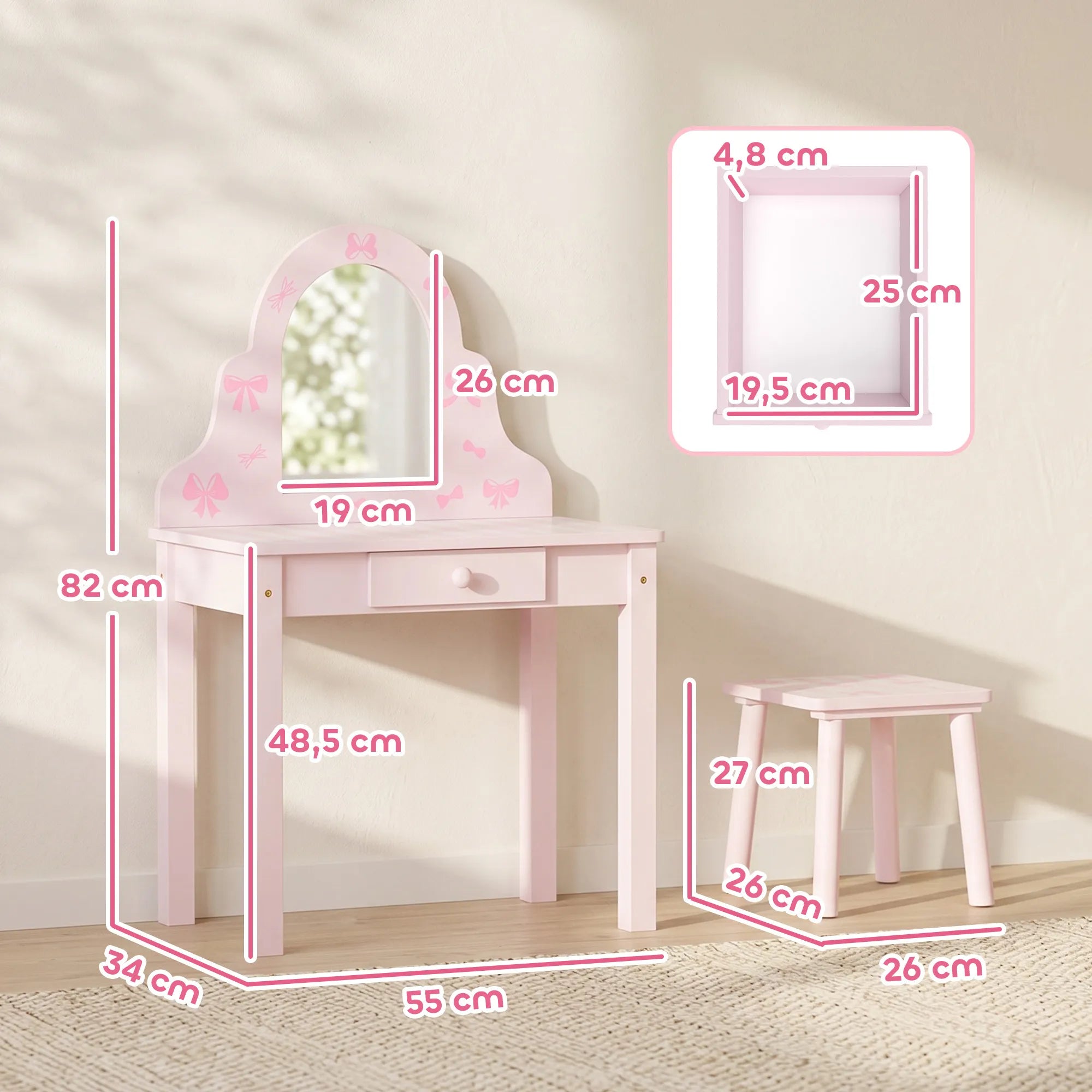 Vaikiškas tualetinis staliukas su kėdute 2-in-1, 3–6 metų vaikams, rožinis