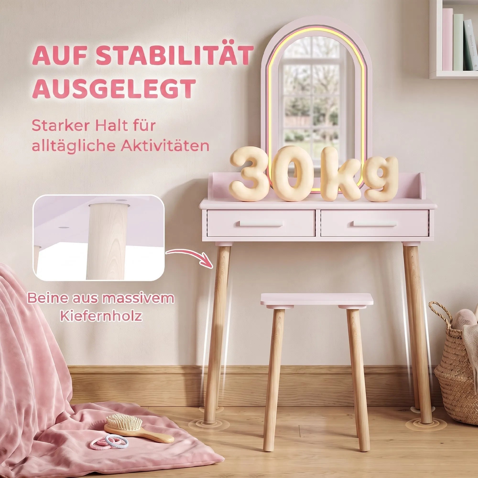 Vaikiškas tualetinis staliukas su kėdute, 2 viename, LED veidrodis, rožinis, 3–8 metų vaikams