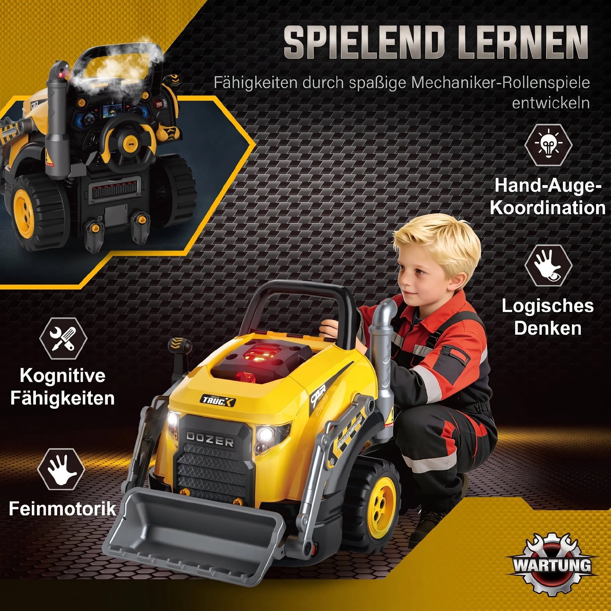 Berniukas mechaniko kostiumu žaidžia prie geltono žaislinio ekskavatoriaus