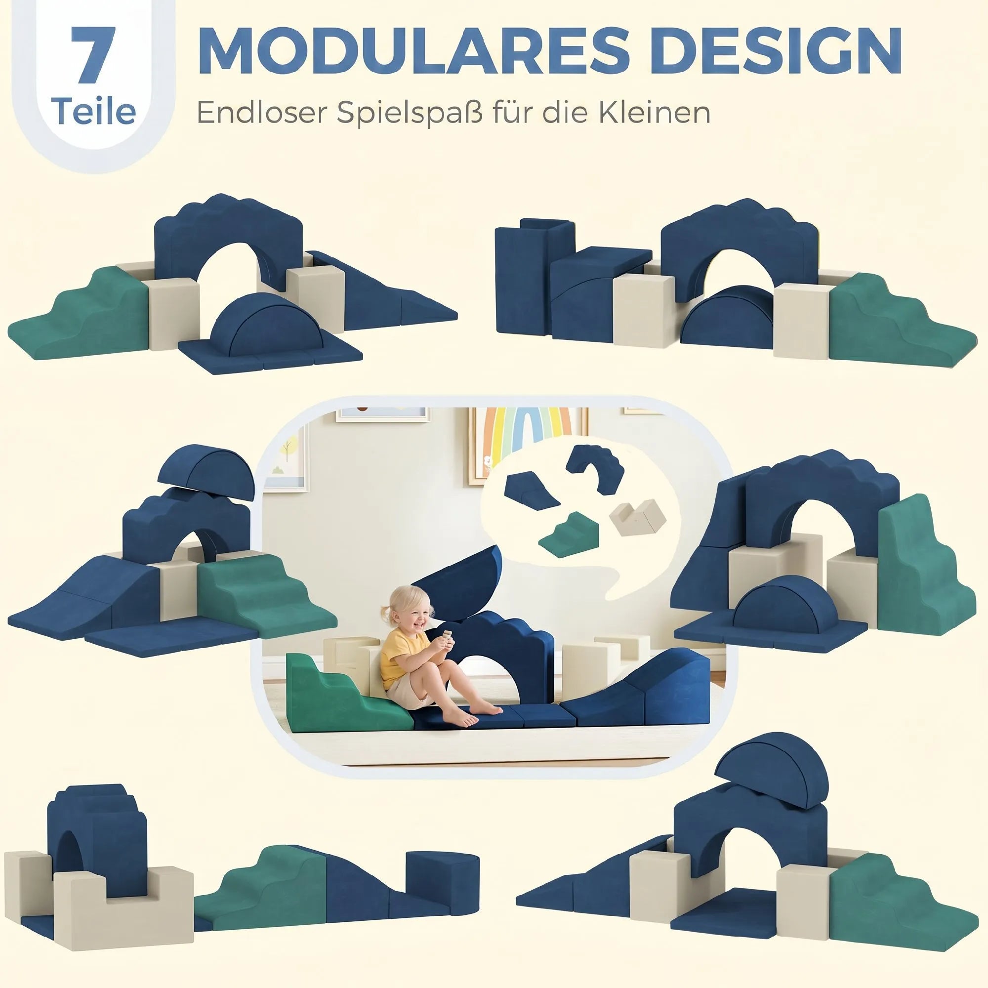 Vaikiški minkšti blokeliai 6–36 mėn. vaikams, 7 dalių, mėlyni