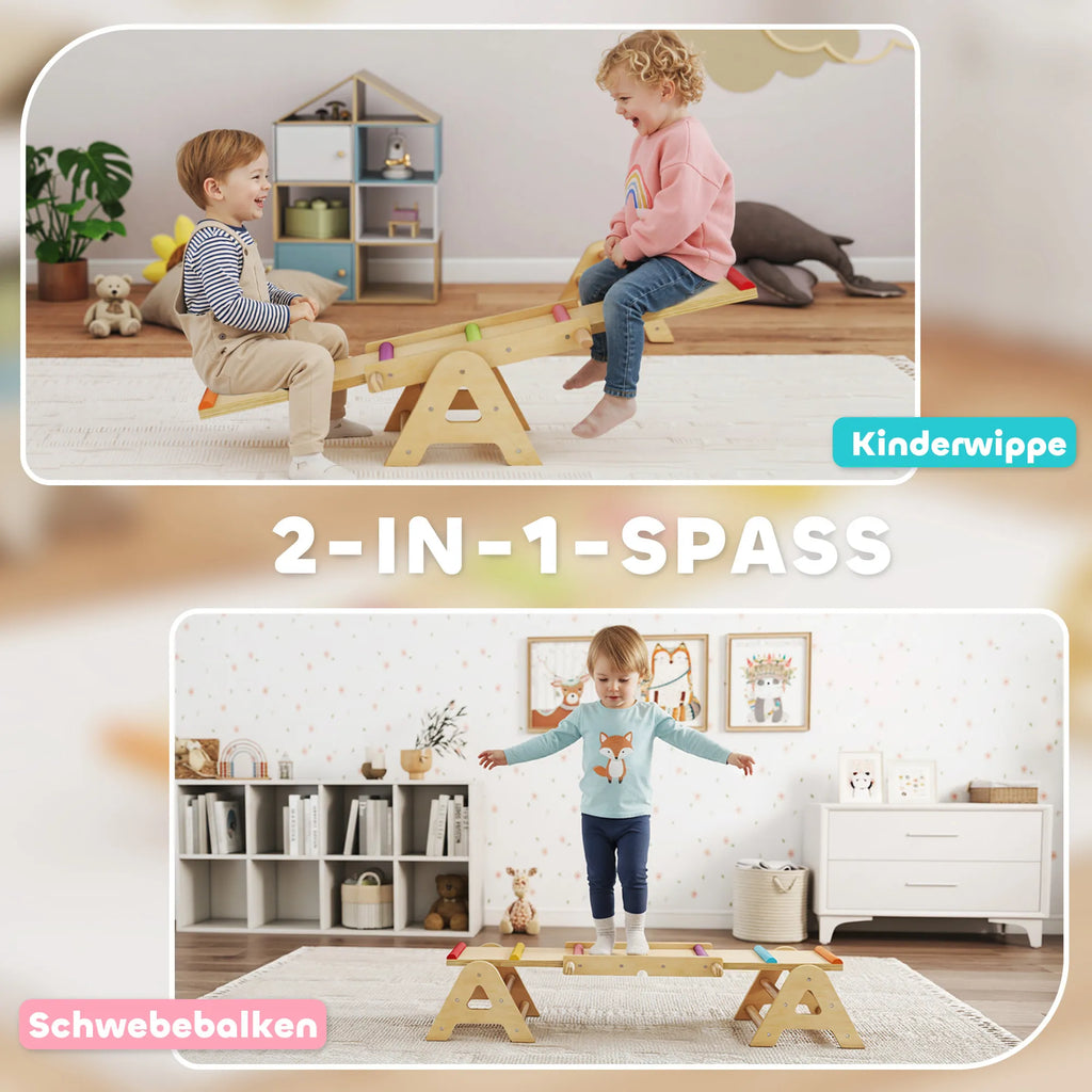 Vaikiškos balansinės sūpynės 2 viename, medinės, 2–4 metų vaikams, daugiaspalvės