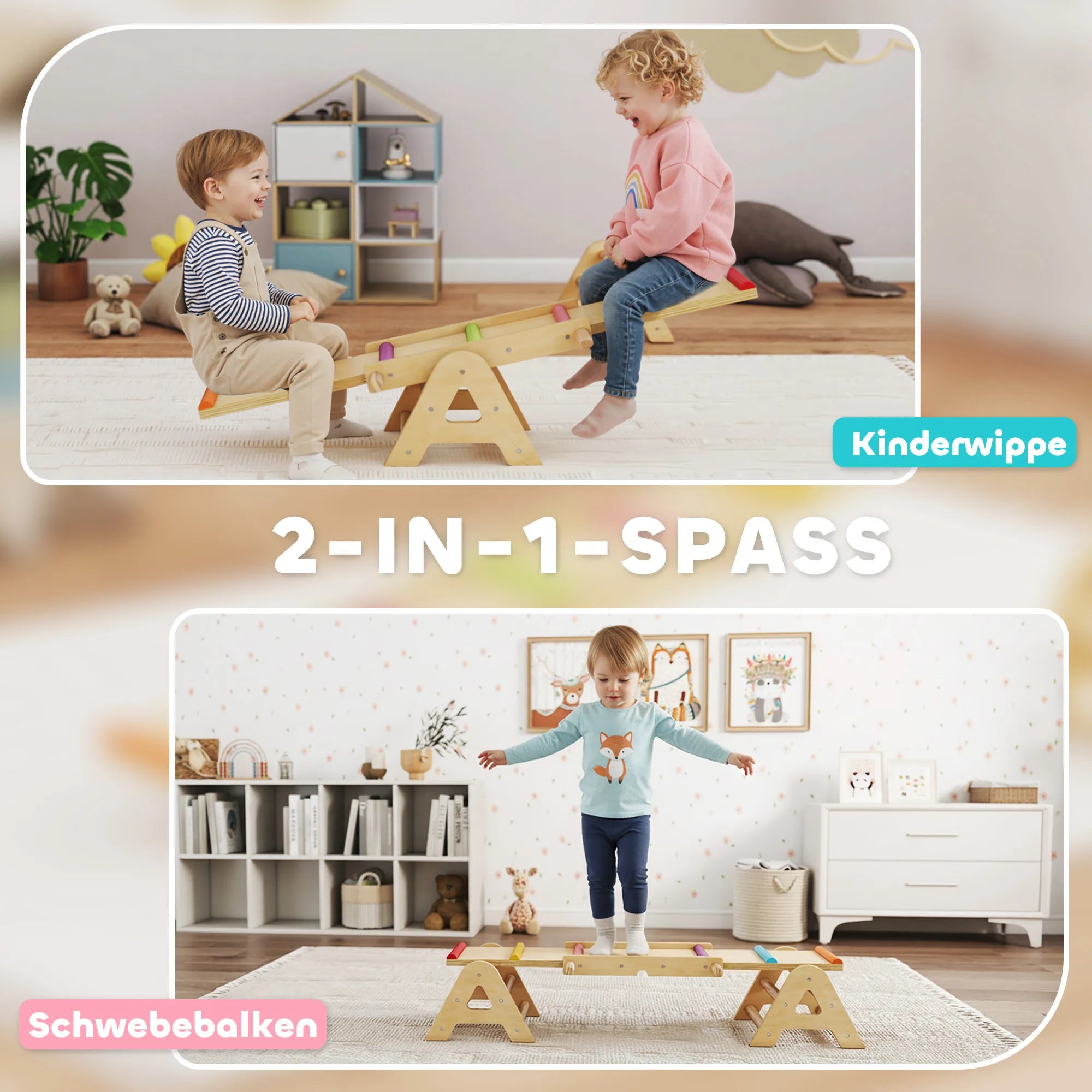 Vaikiškos balansinės sūpynės 2 viename, medinės, 2–4 metų vaikams, daugiaspalvės