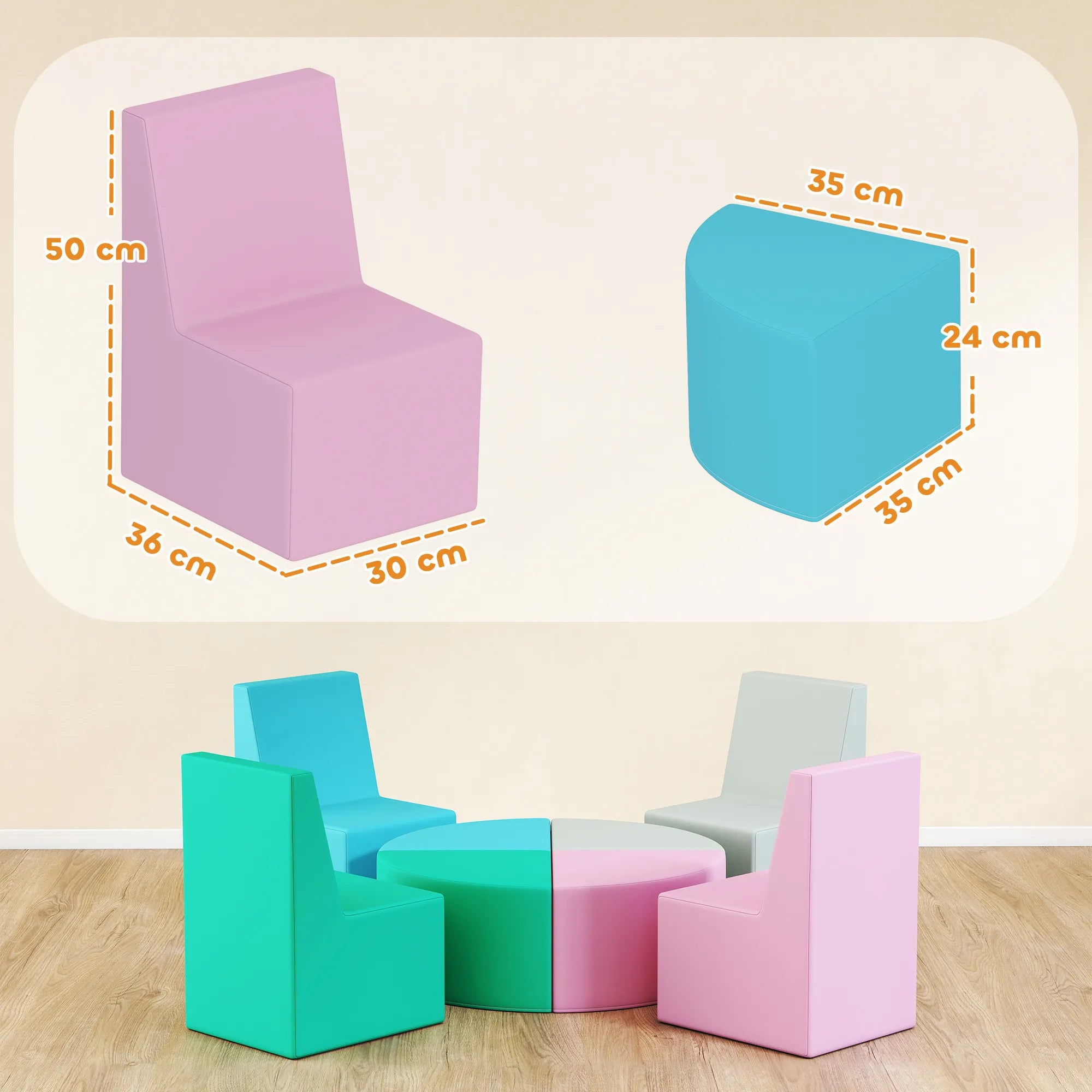 Vaikiškos putplasčio kaladėlės, 8 dalių, transformuojamos į stalą su kėdutėmis, 12-36 mėn.