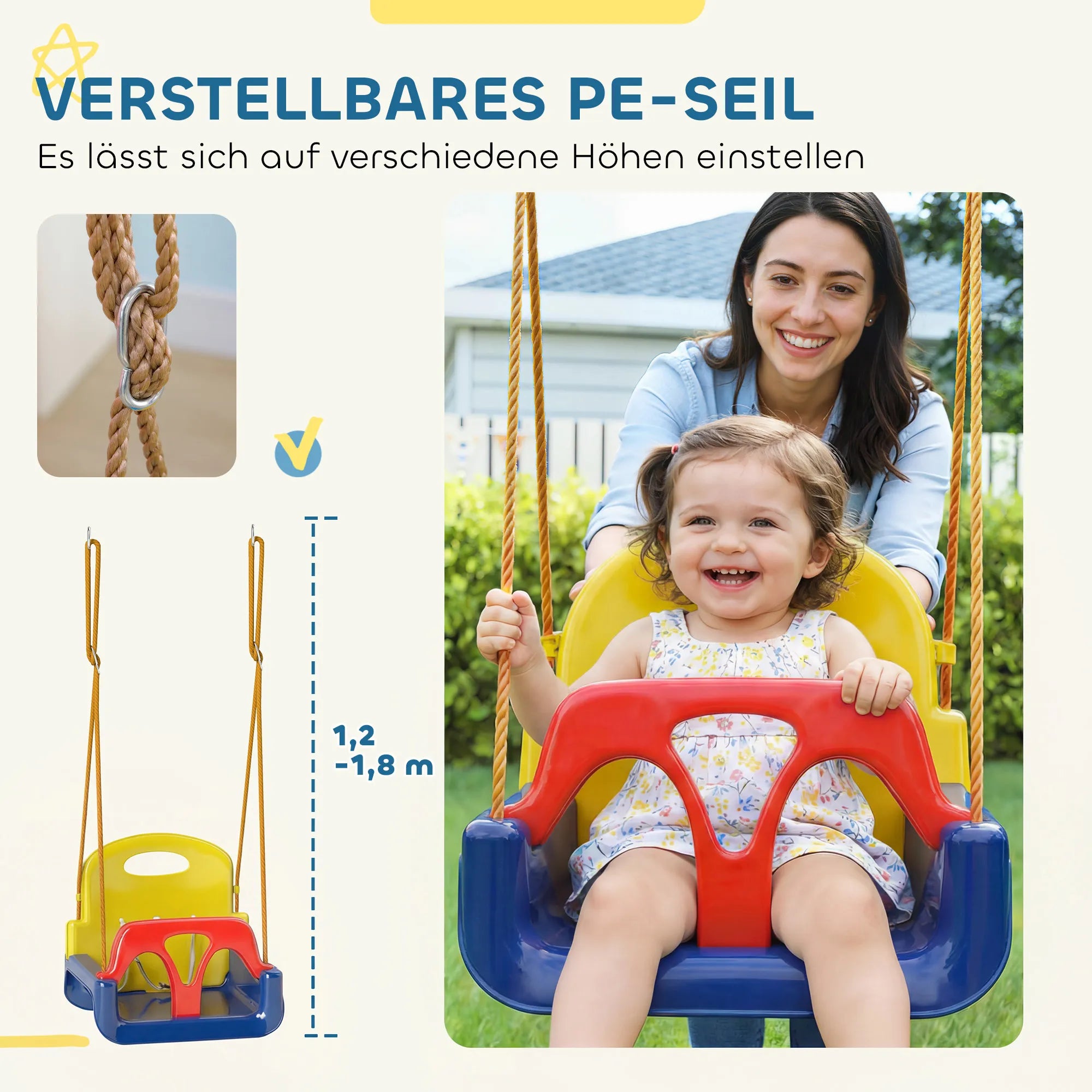 Vaikiškos sūpynės 3-in-1 reguliuojamo aukščio su atlošu 70 kg
