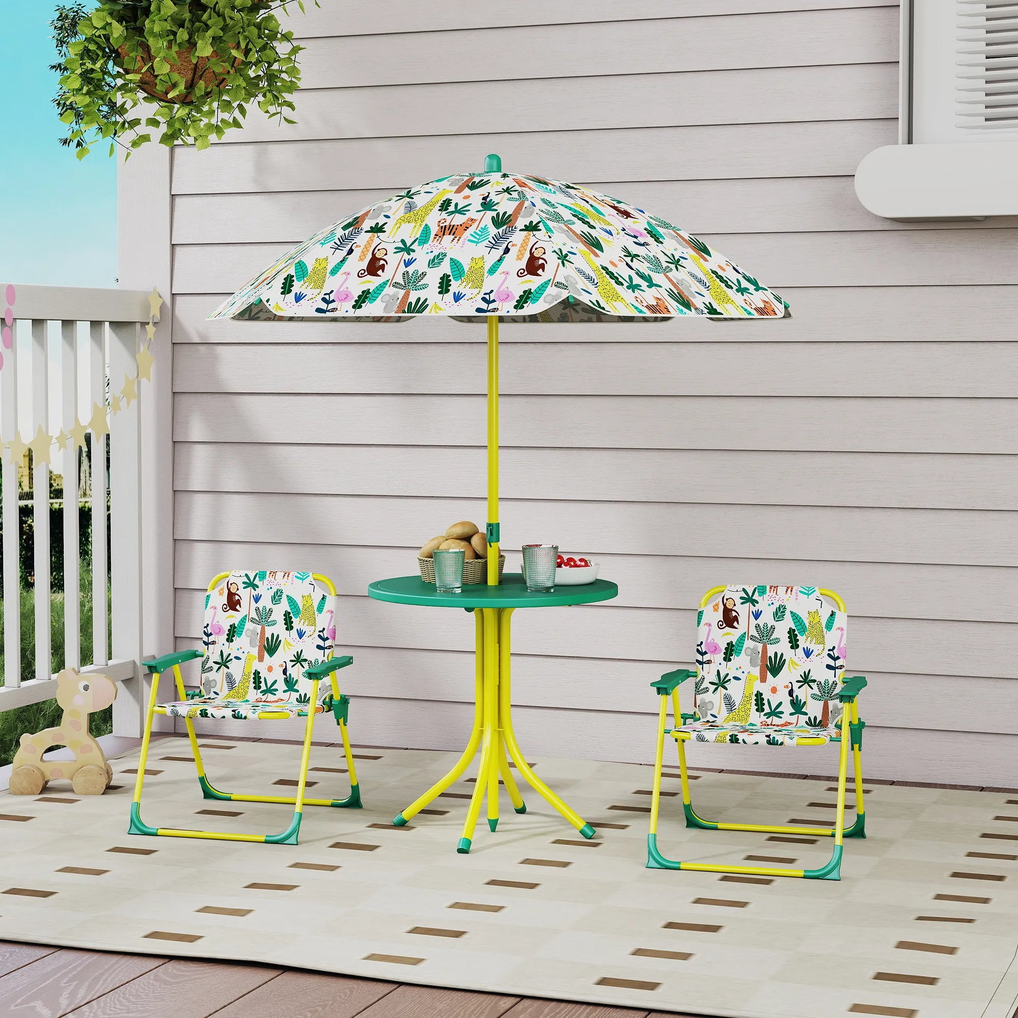 Vaikiškų baldų komplektas, 4 dalių baldų rinkinys su nuimamu skėčiu nuo saulės ir 2 sulankstomomis kėdėmis, plienas ir tekstilė bei plastikas, žalia