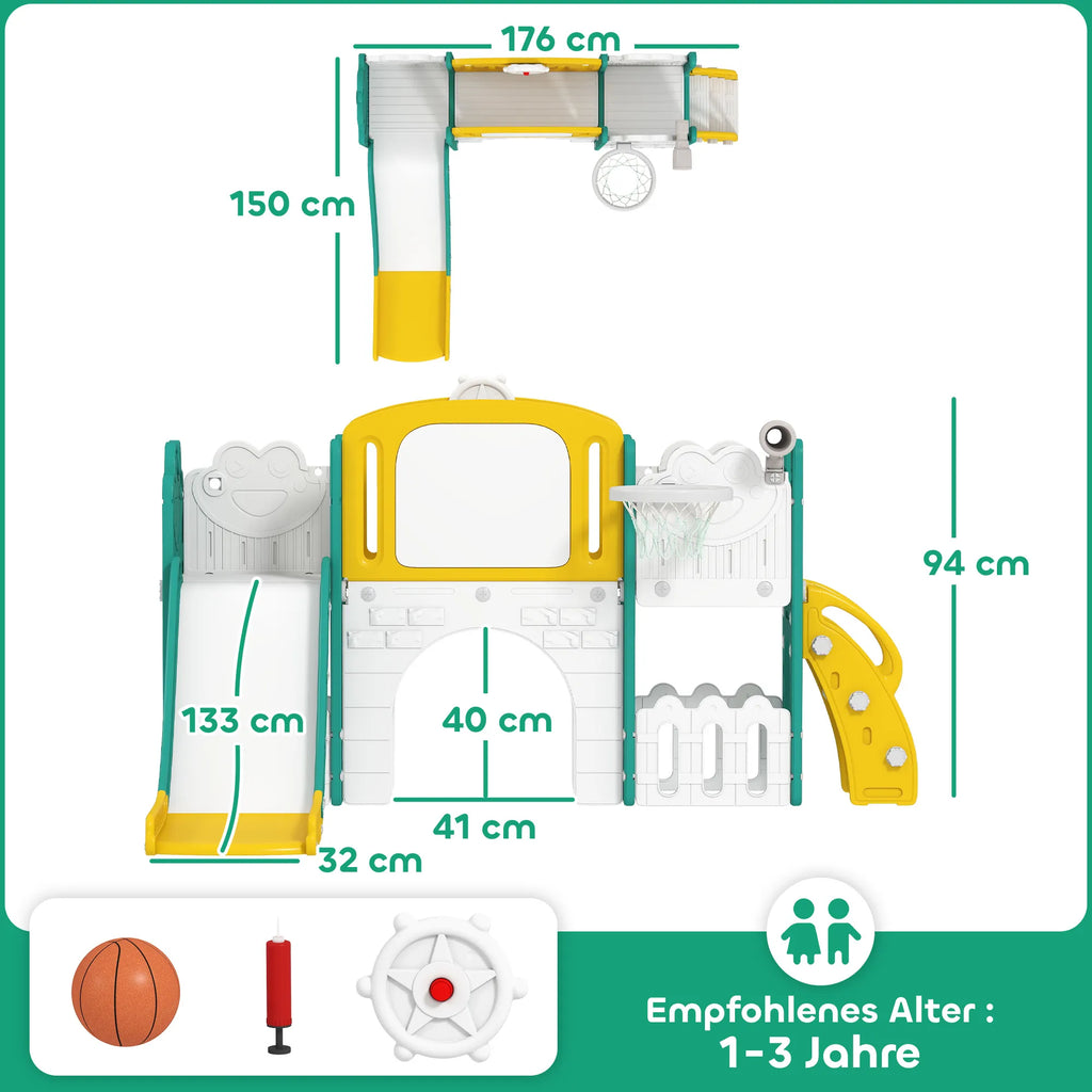 Vaikiškų čiuožyklų komplektas 7-in-1 su krepšinio lanku vaikams nuo 1 metų, geltonas