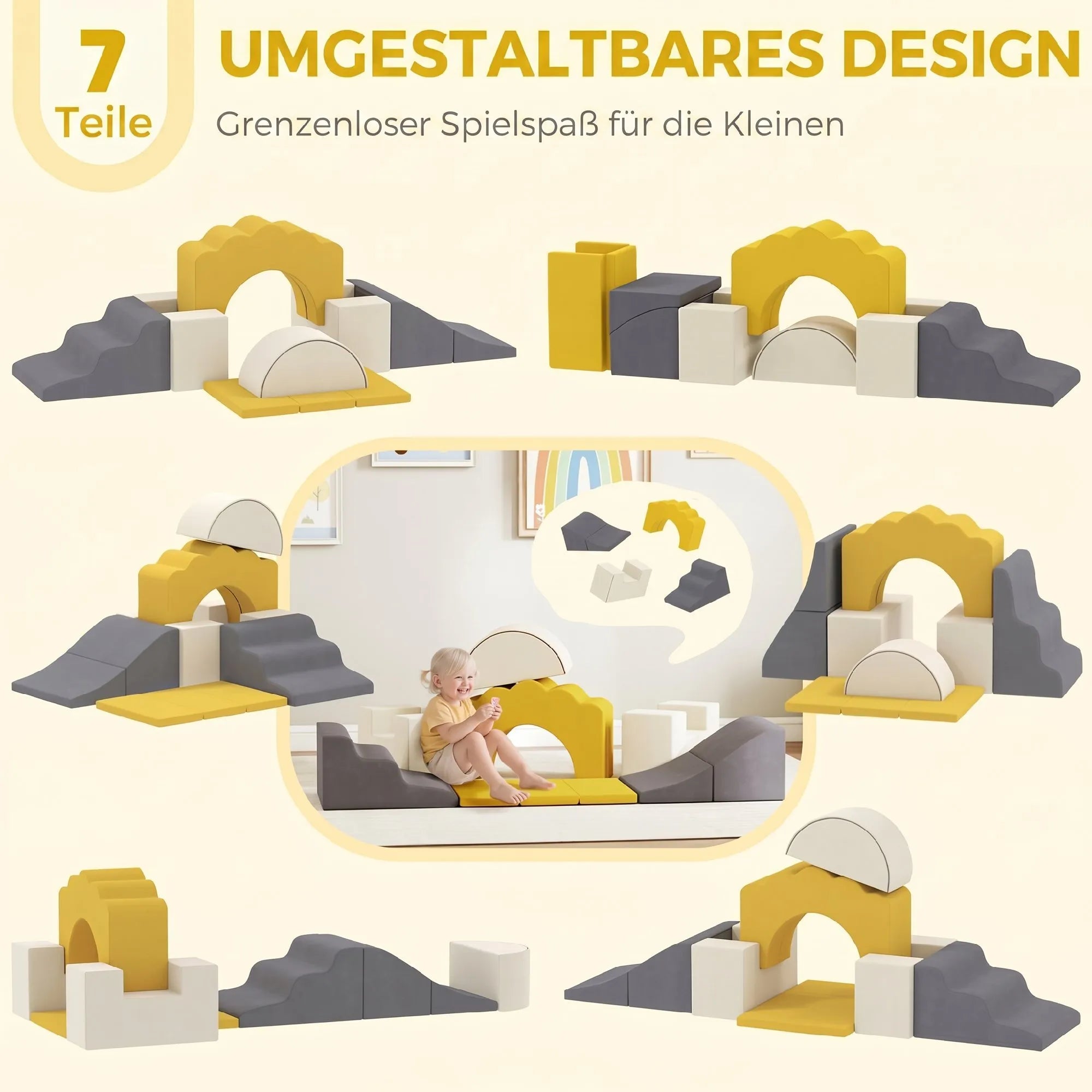 Vaikiškų putplasčio kaladėlių rinkinys 7 vnt., 0,5–3 metų vaikams, geltonas