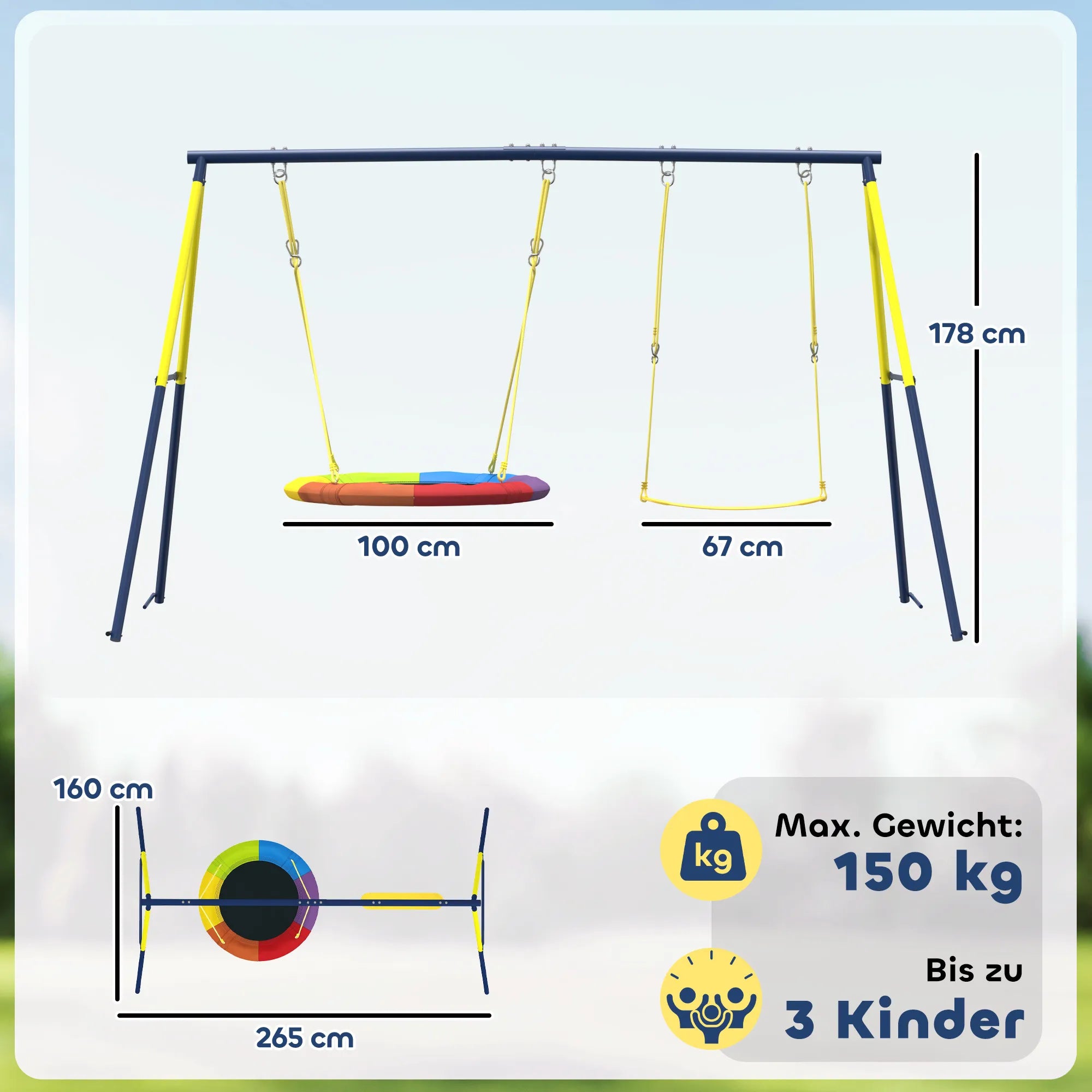 Vaikiškų sūpynių komplektas su lizdo sūpynėmis, iki 150 kg