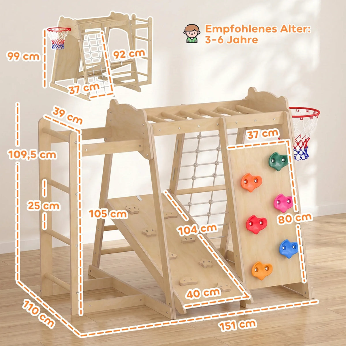 Schema su matmenimis: komplekso aukštis 109,5 cm, ilgis 151 cm, gylis 110 cm