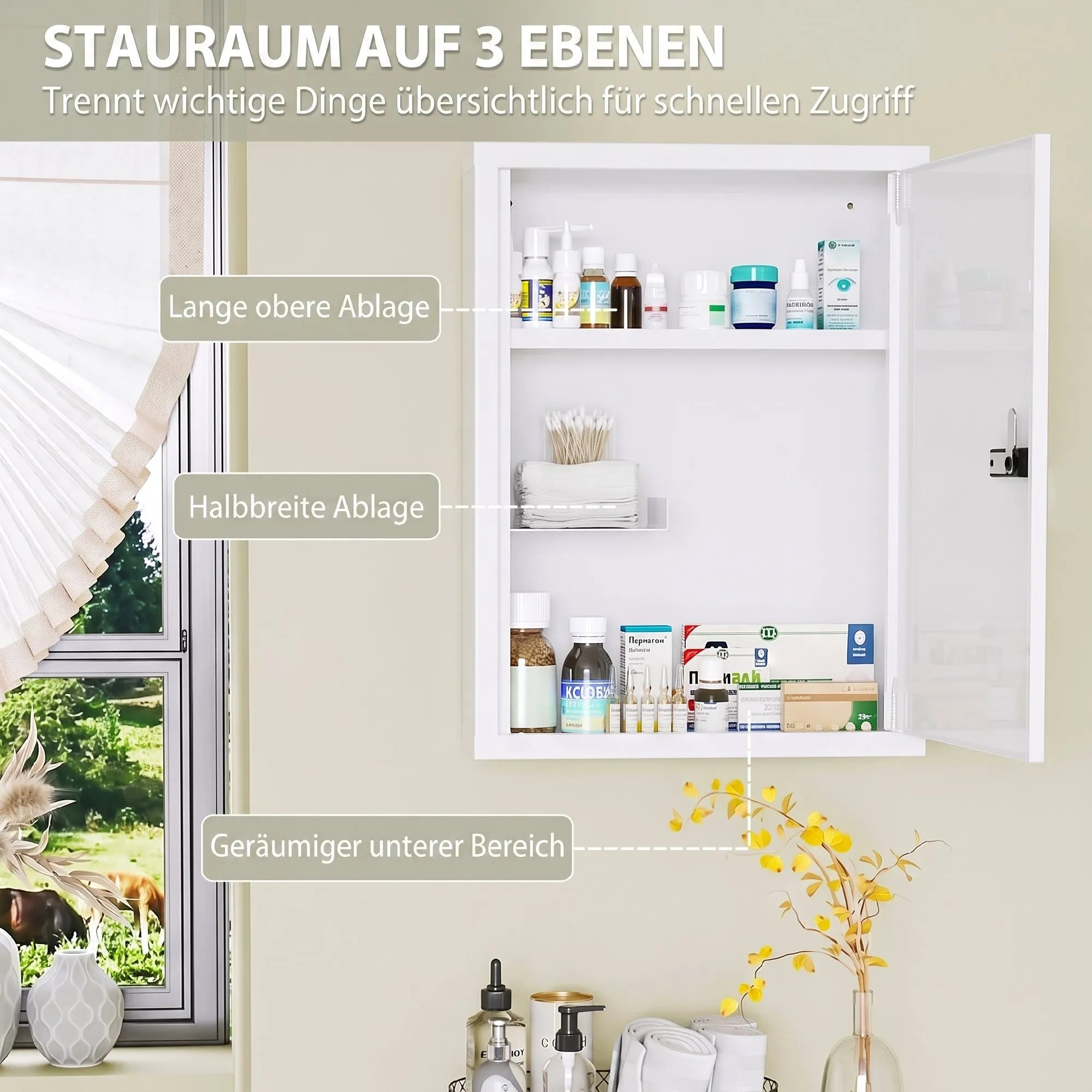 Vaistinėlė spintelė su kodine spyna, montuojama prie sienos, balta