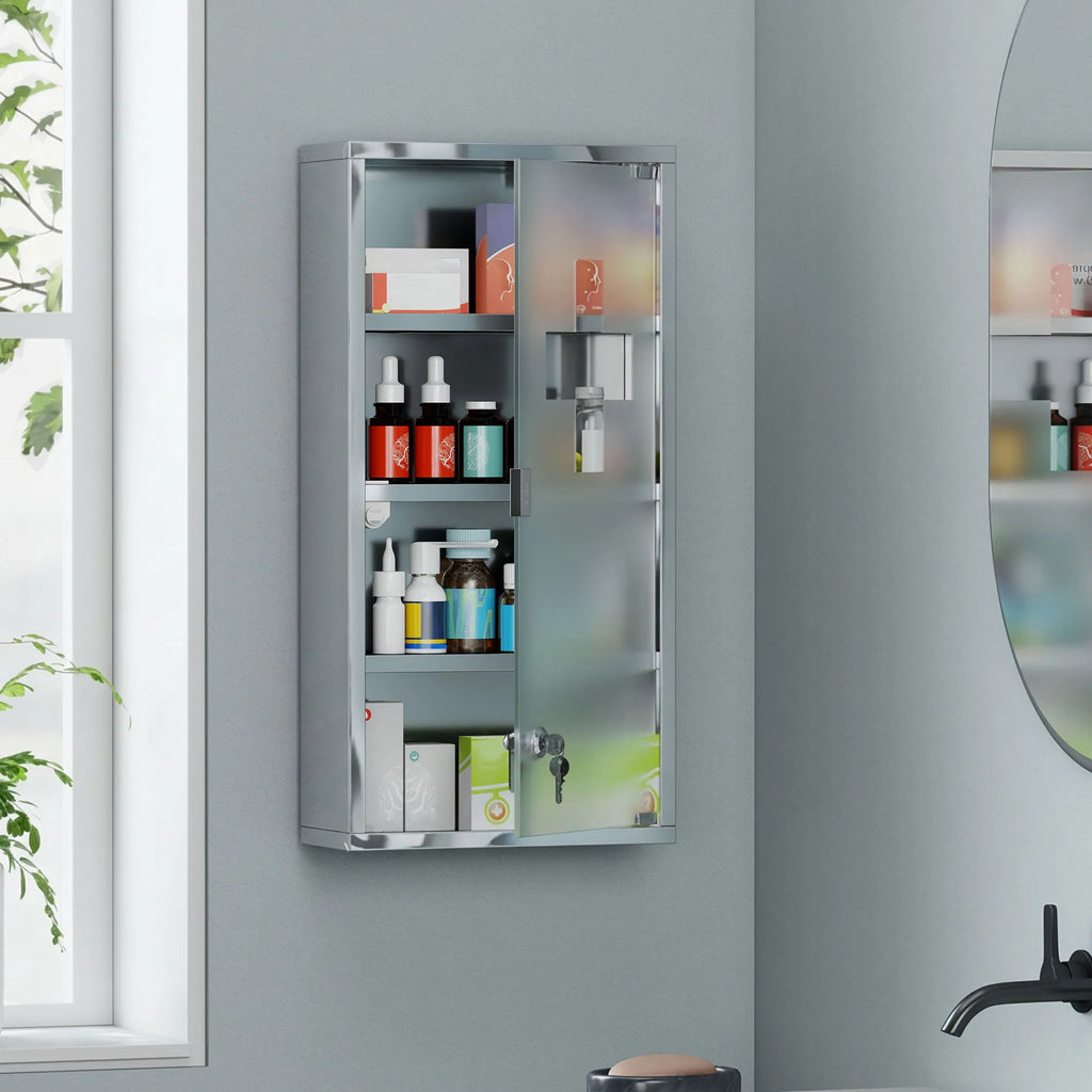 Vaistinėlė vidaXL, rakinama, su stikline durele, 30 x 12 x 60 cm, sidabrinė