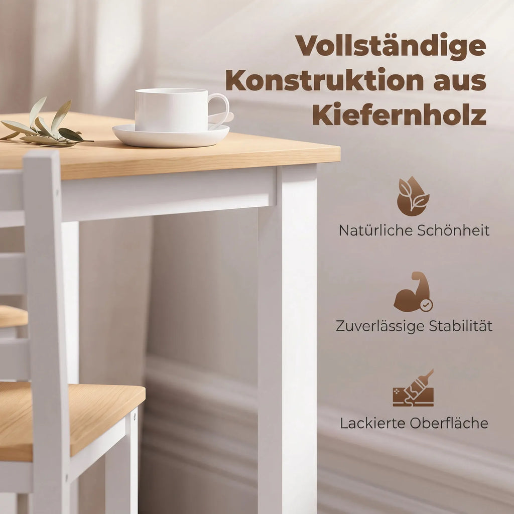 Valgomojo baldų komplektas 5 dalių, medinis stalas ir 4 kėdės, natūrali/balta