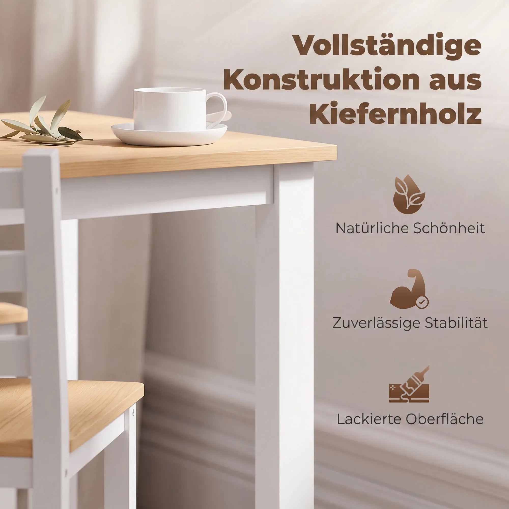 Valgomojo baldų komplektas 5 dalių, medinis stalas ir 4 kėdės, natūrali/balta
