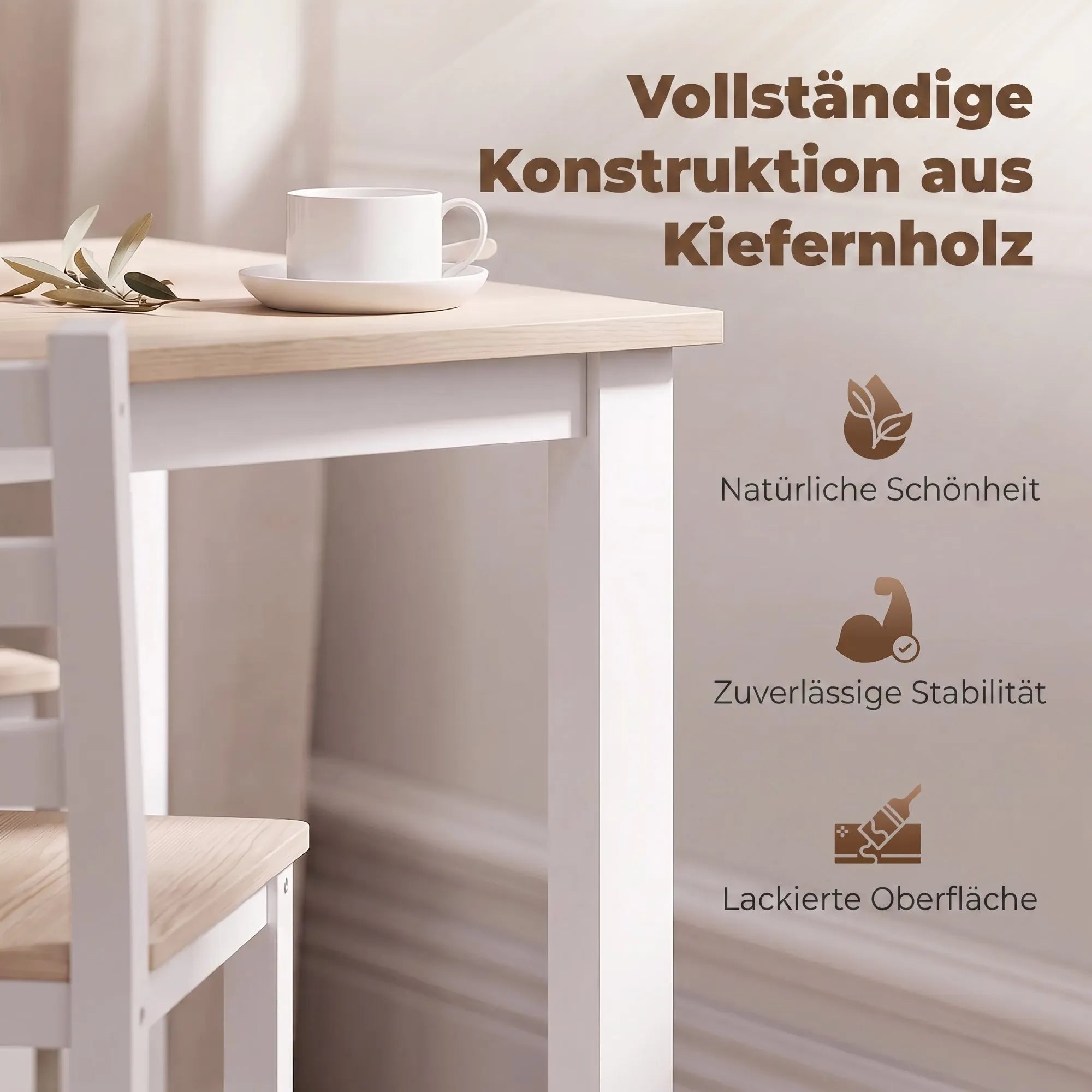 Valgomojo baldų komplektas 5 dalių, medinis stalas ir 4 kėdės, natūrali/balta