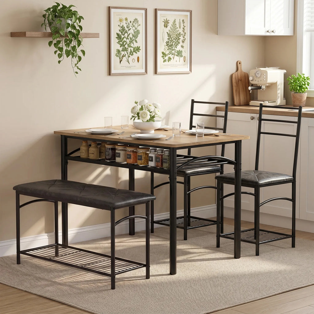 Valgomojo baldų komplektas su suolu ir 2 kėdėmis, rudas
