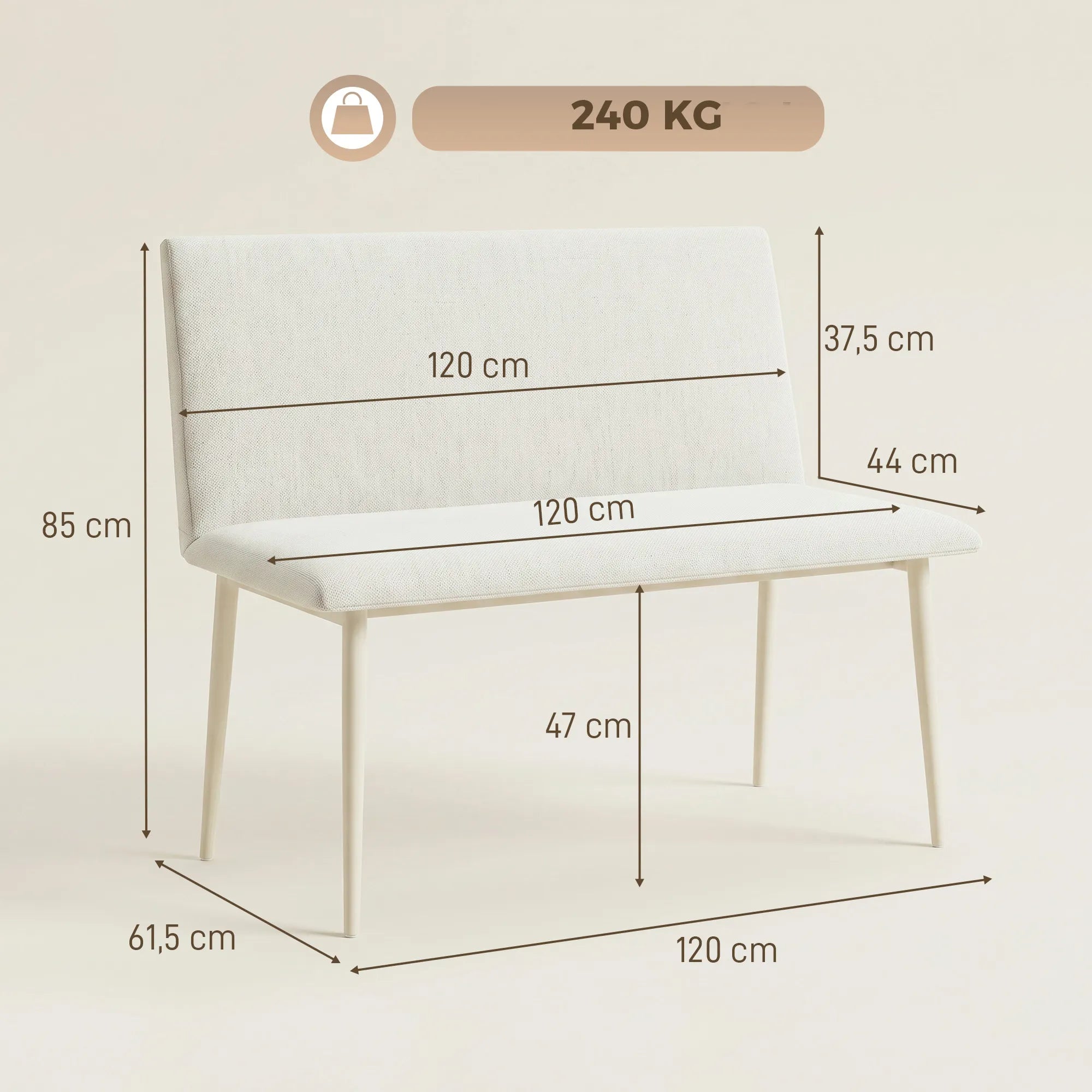 Valgomojo kėdė suolai, 120 cm pločio, smėlio spalvos
