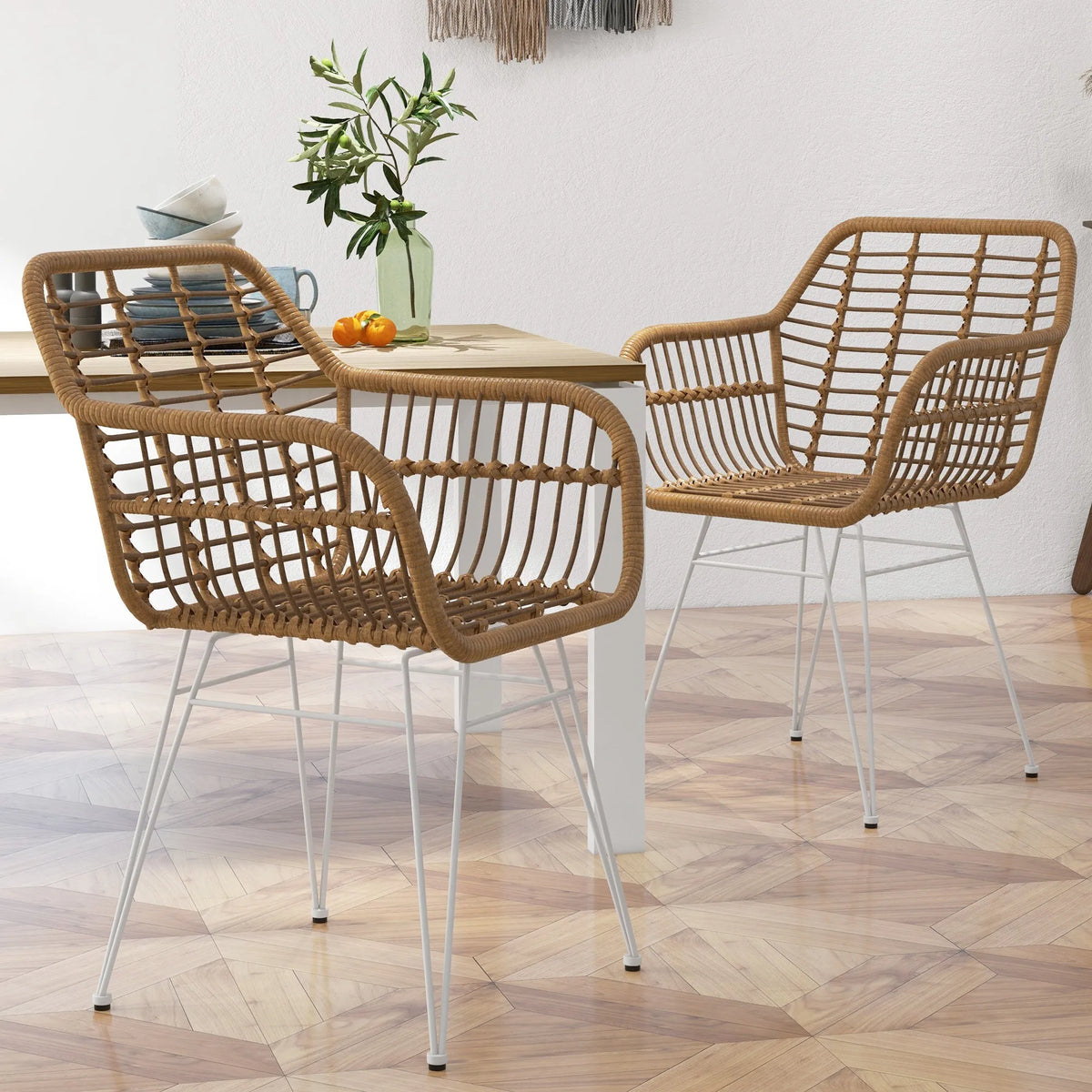 Valgomojo kėdės, 2 vnt., Boho stiliaus, 56 × 60 × 79 cm, natūralios ir baltos