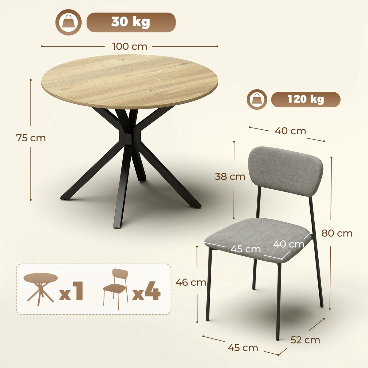 Schema su matmenimis: 100 cm skersmens stalas ir kėdės iki 120 kg apkrovos