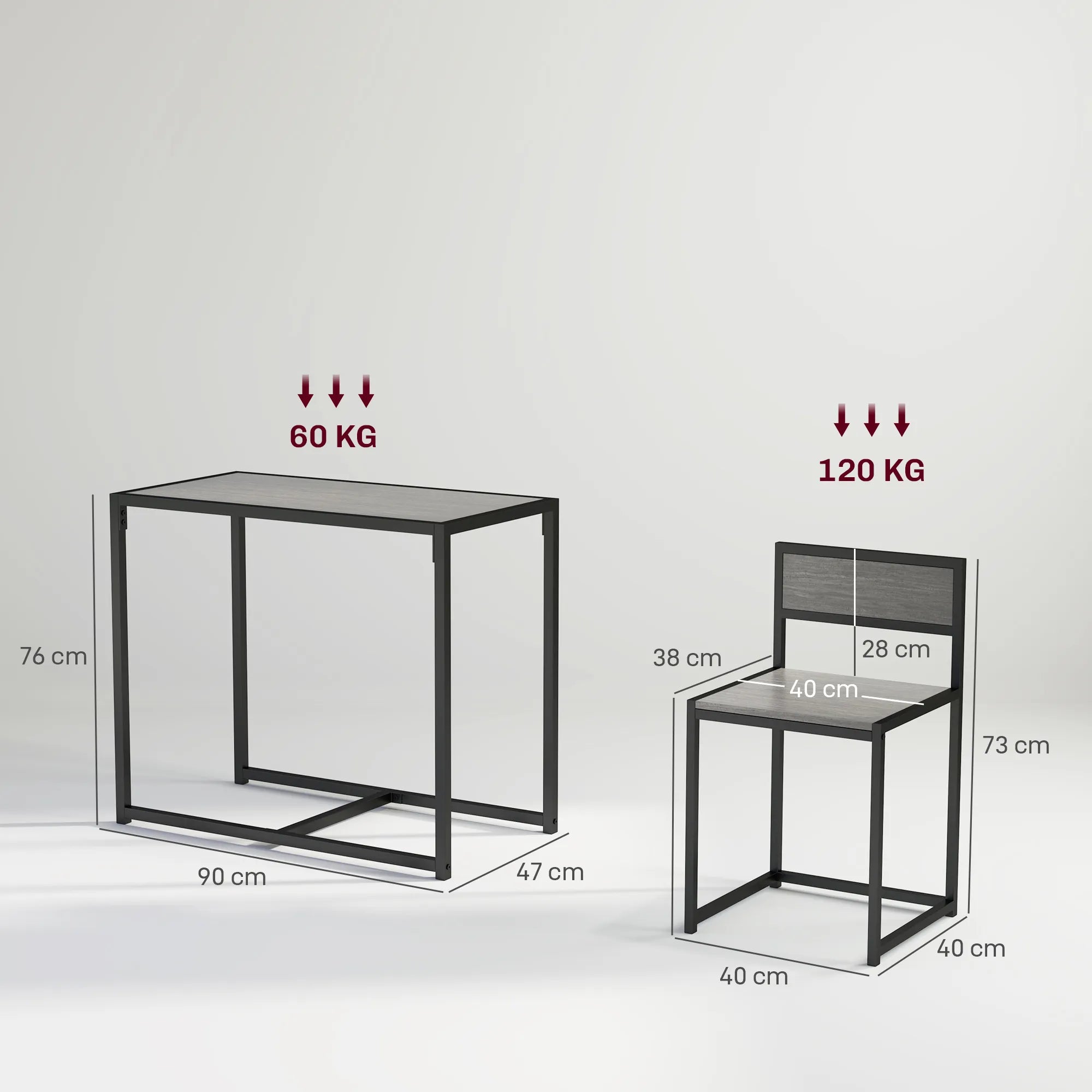 Stalo ir kėdžių matmenų bei apkrovos schema centimetrais ir kilogramais