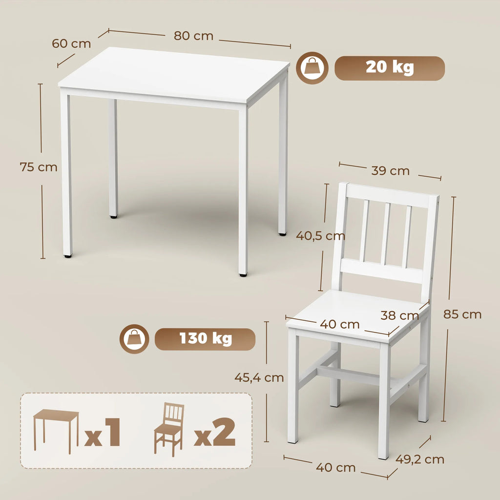 Valgomojo komplekto matmenų schema: stalas 80×60×75 cm, kėdės 39×40×85 cm