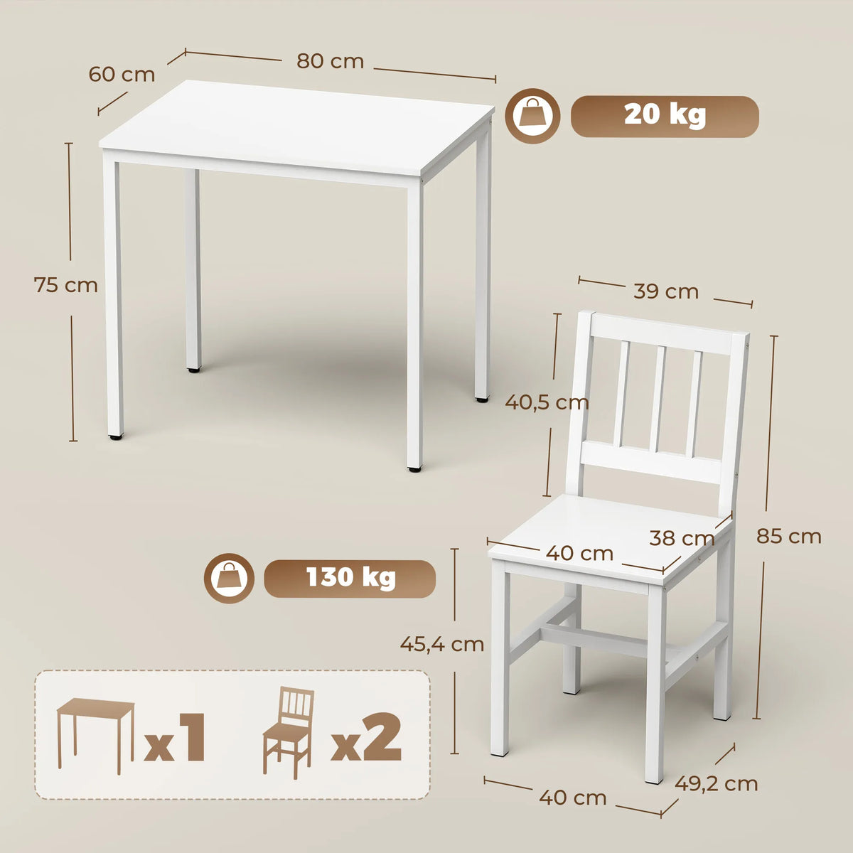 Valgomojo komplekto matmenų schema: stalas 80×60×75 cm, kėdės 39×40×85 cm