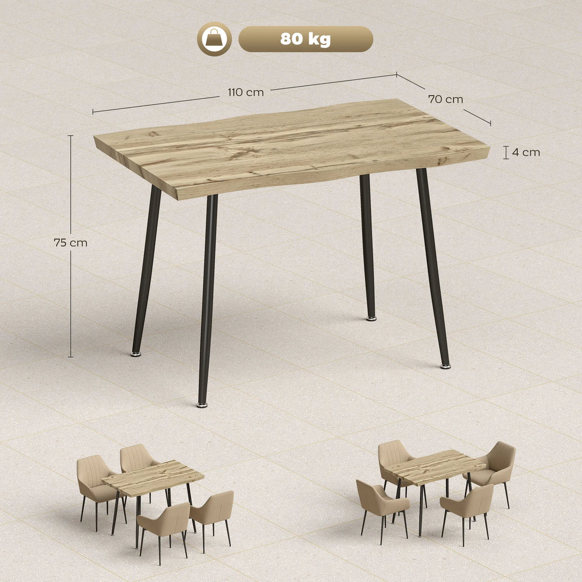 Stalo matmenų schema: 110×70 cm plotis, 75 cm aukštis, 80 kg apkrova