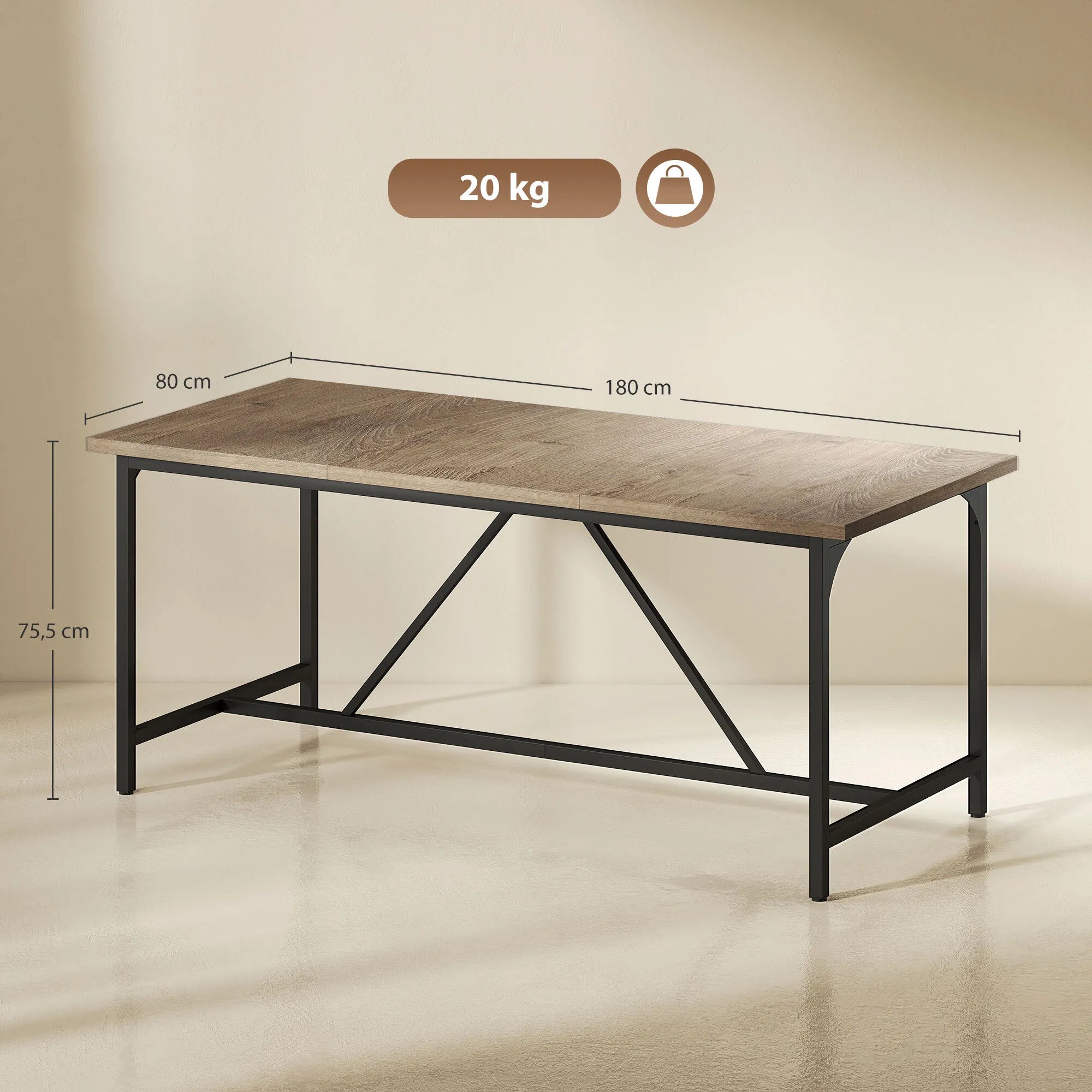 Valgomojo stalas 180x80 cm, 6-8 asmenims, stačiakampis, medžio imitacijos stalviršis, natūrali spalva