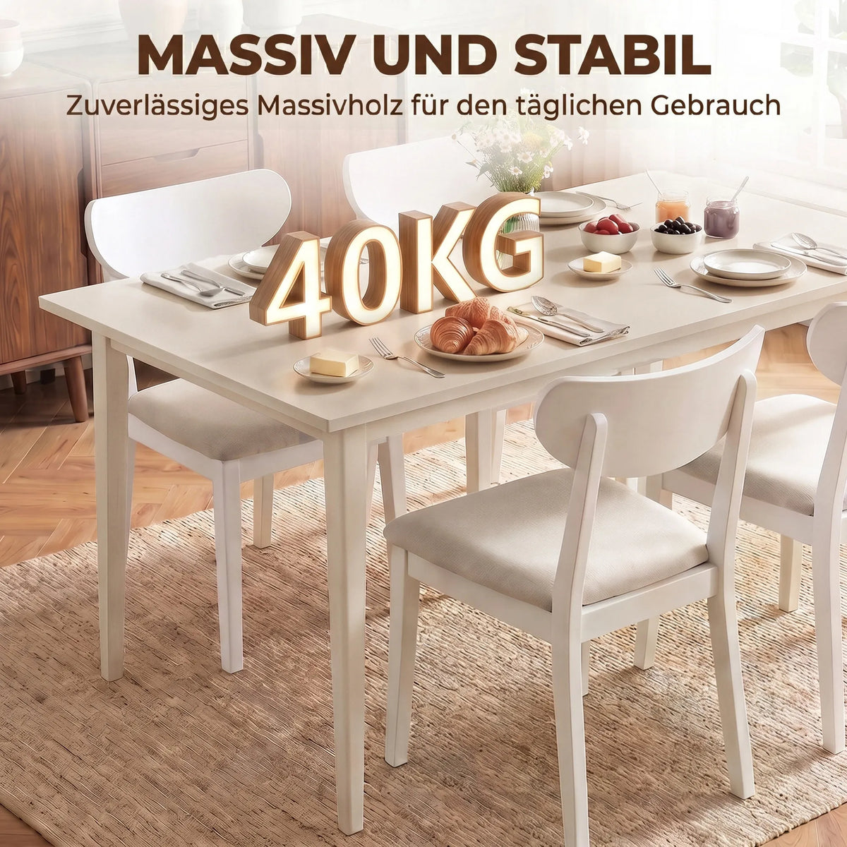 Valgomojo stalas, 8 vietų, 180 cm, kreminės spalvos