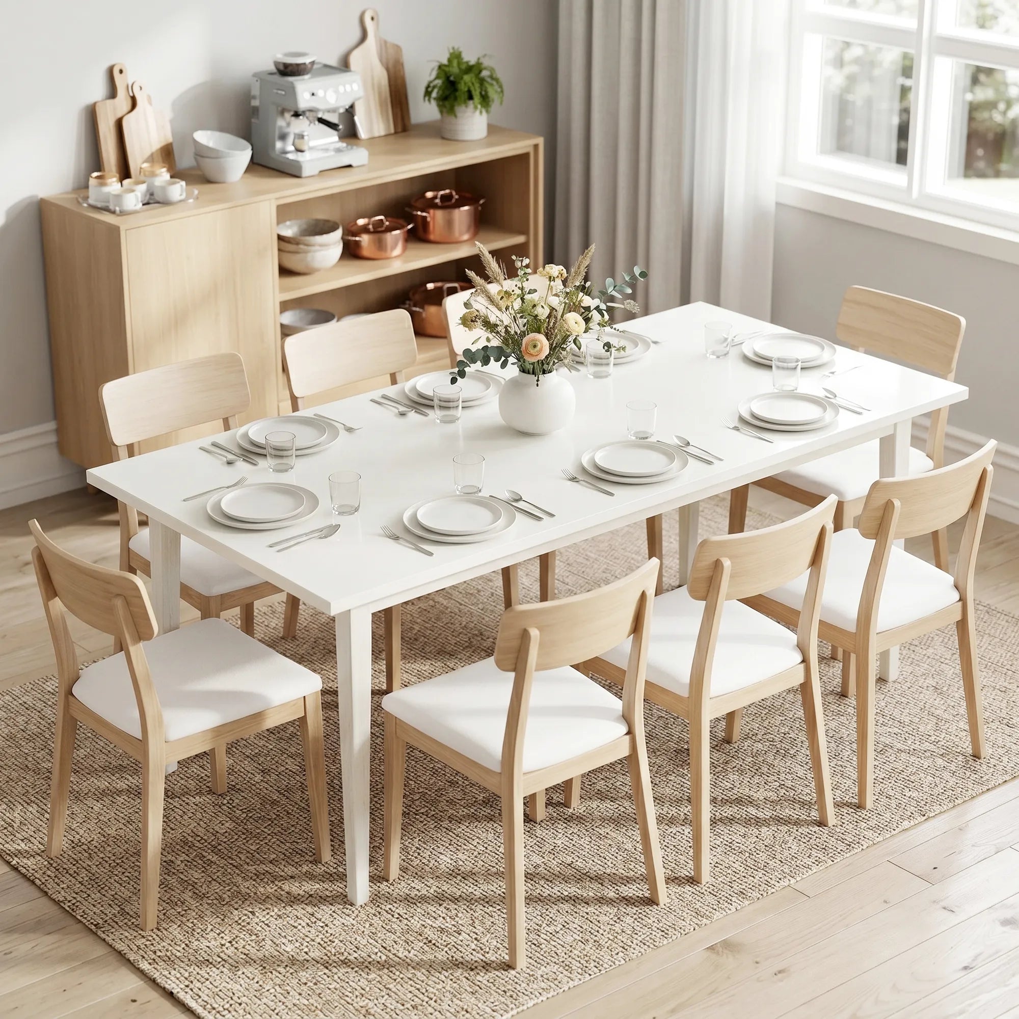 Valgomojo stalas, 8 vietų, 180 cm, kreminės spalvos
