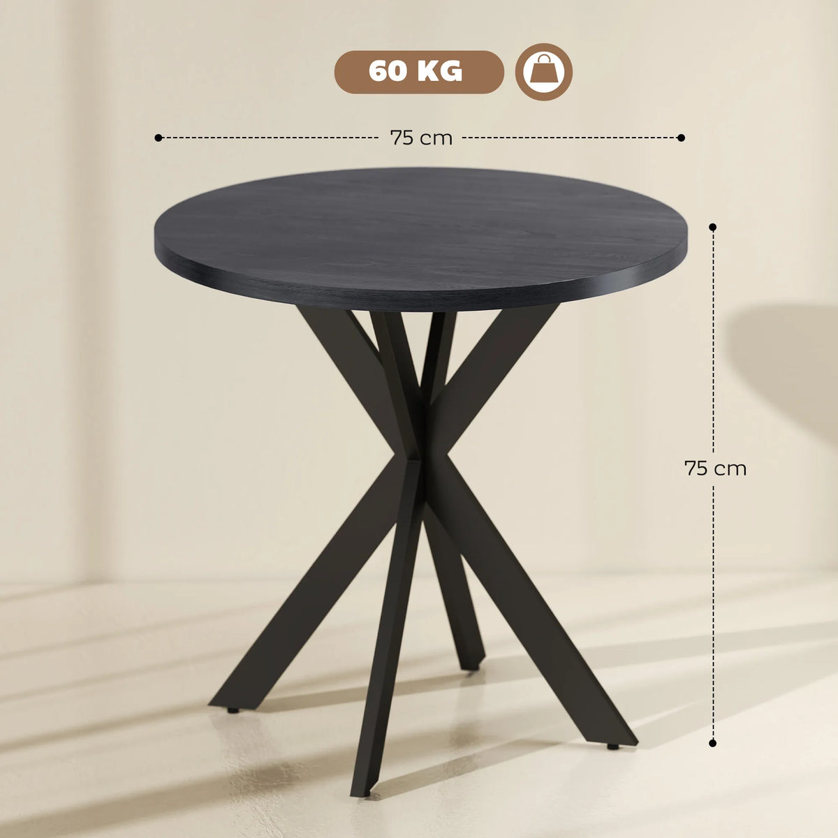 Schema su matmenimis: stalviršio skersmuo 75 cm, aukštis 75 cm, svoris iki 60 kg