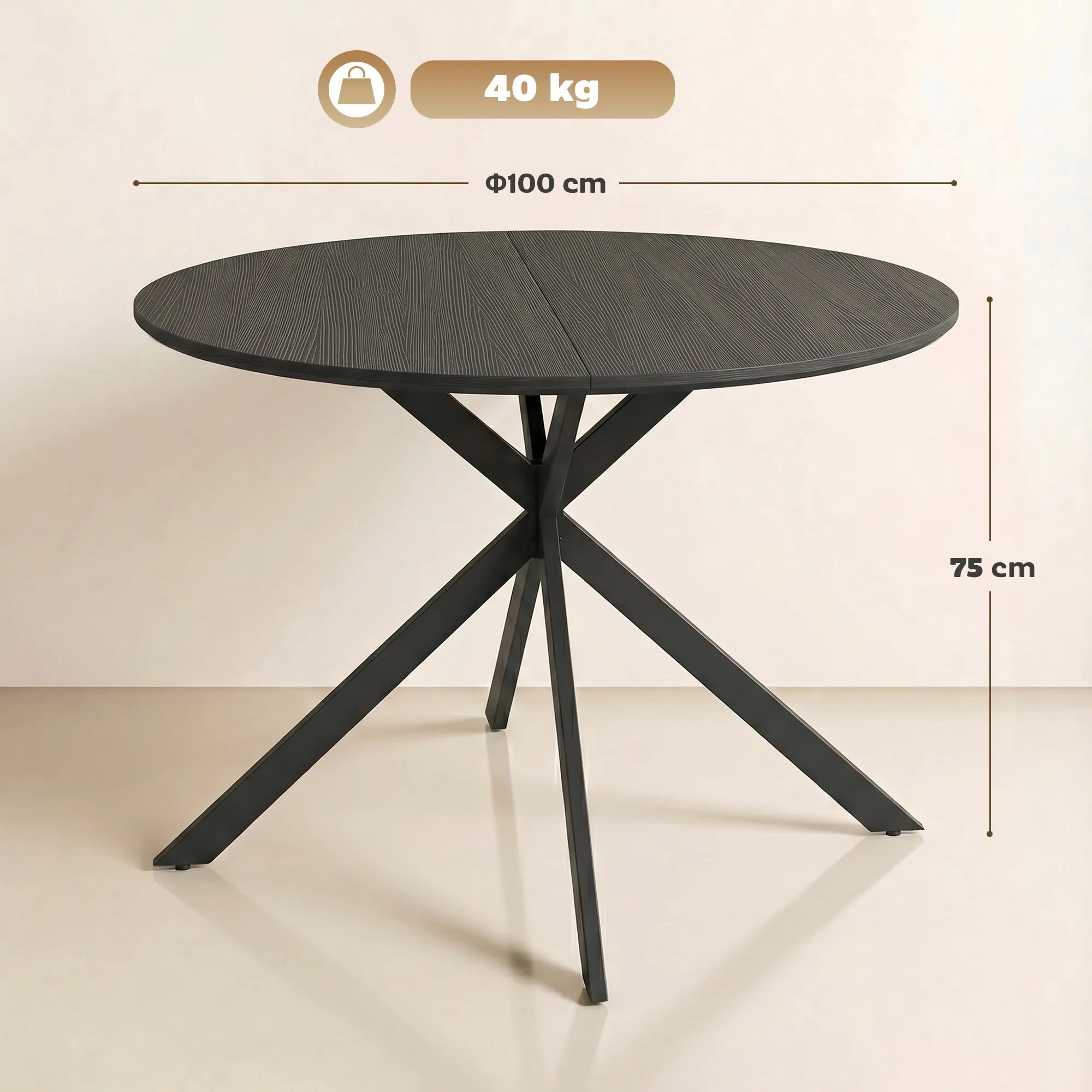 Valgomojo stalas su plieninėmis kojomis, 100 cm, juodas