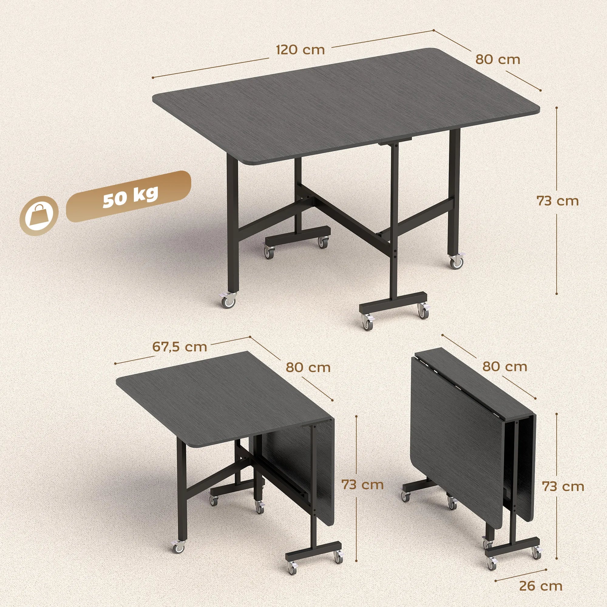 Valgomojo stalas sulankstomas, iki 6 asmenų, su 6 ratukais, mobilus, 120x80x73 cm, juodas