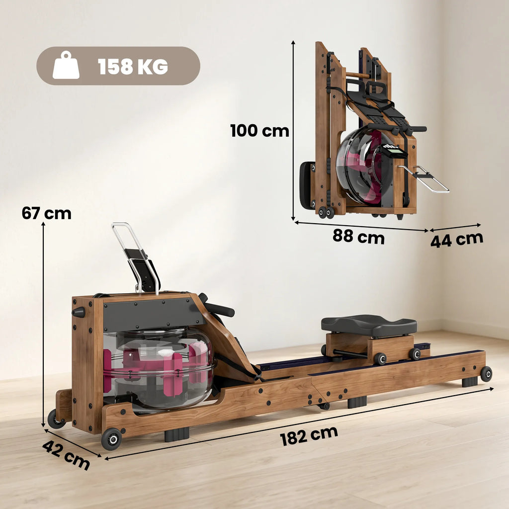 Matmenų schema: treniruoklio ilgis 182 cm, aukštis 67 cm, sulankstyto aukštis 100 cm