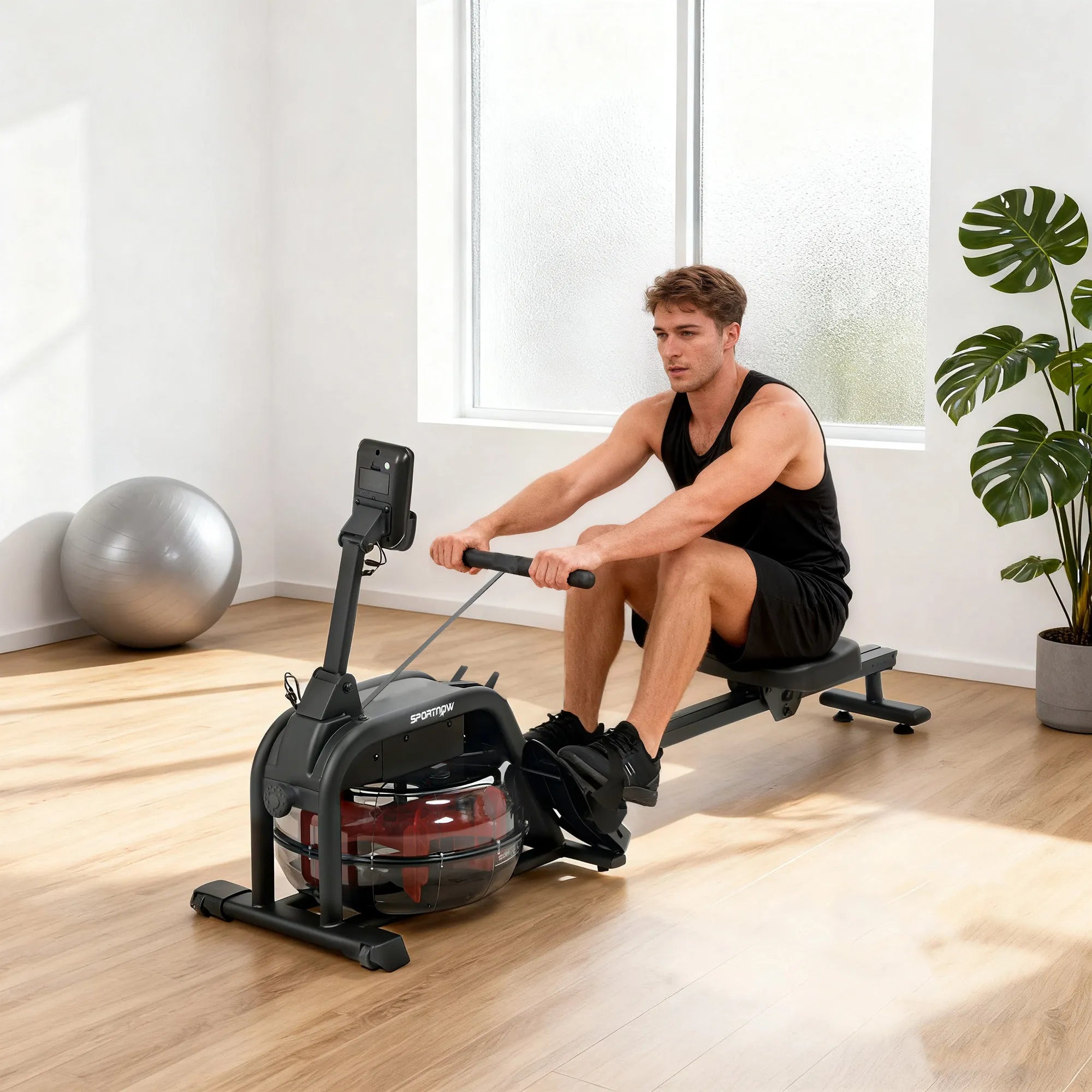 Vandens irklavimo treniruoklis su LCD ekranu, 135 kg, juodas